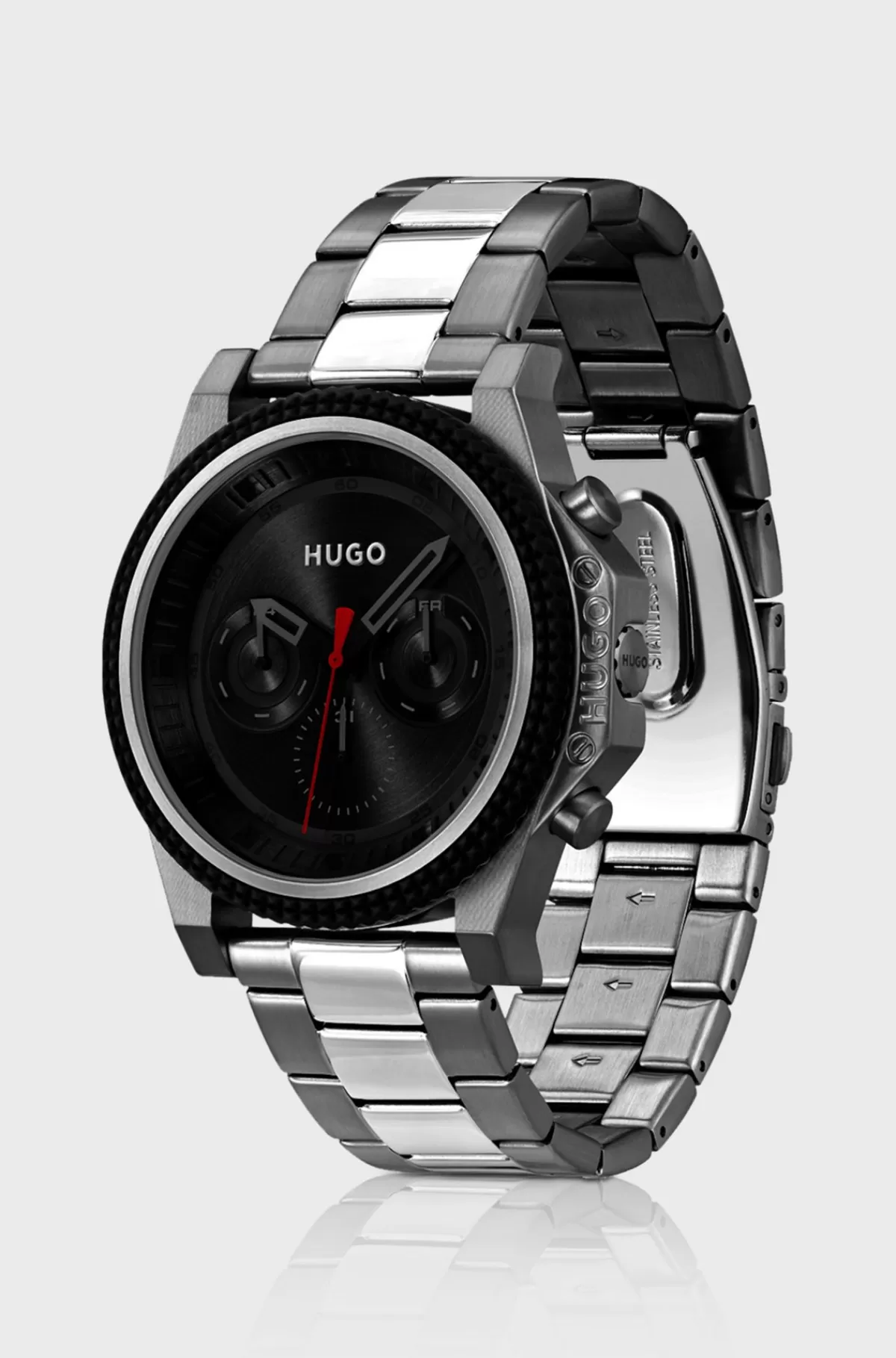 HUGO BOSS Armbåndsur Med Kæderem, Urkrans I Silikone Og Sort Urskive Sølv Store