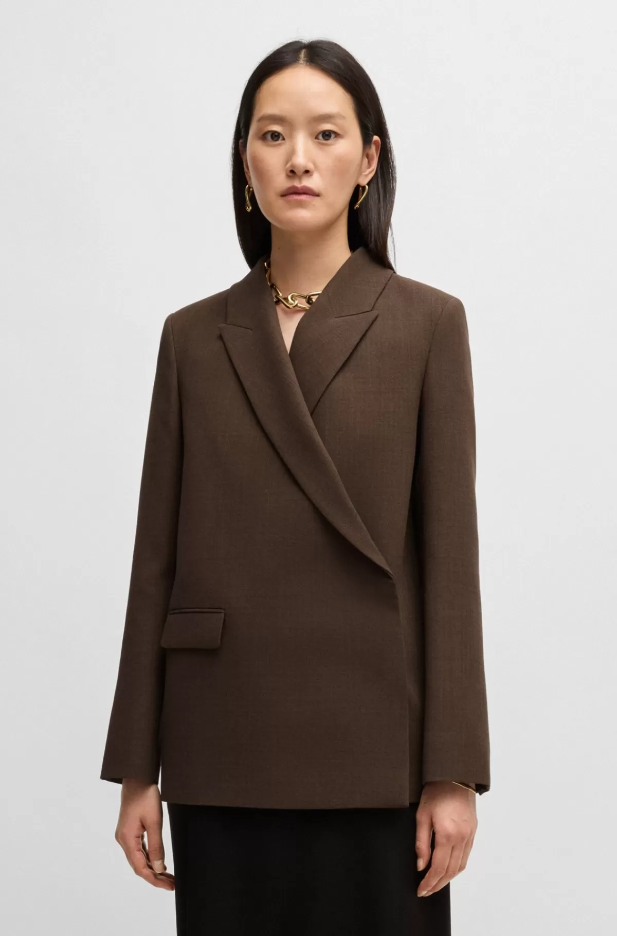 HUGO BOSS Blazer Med Slå Om-design Foran I Meleret Crepe Af Ny Uld Brun Best