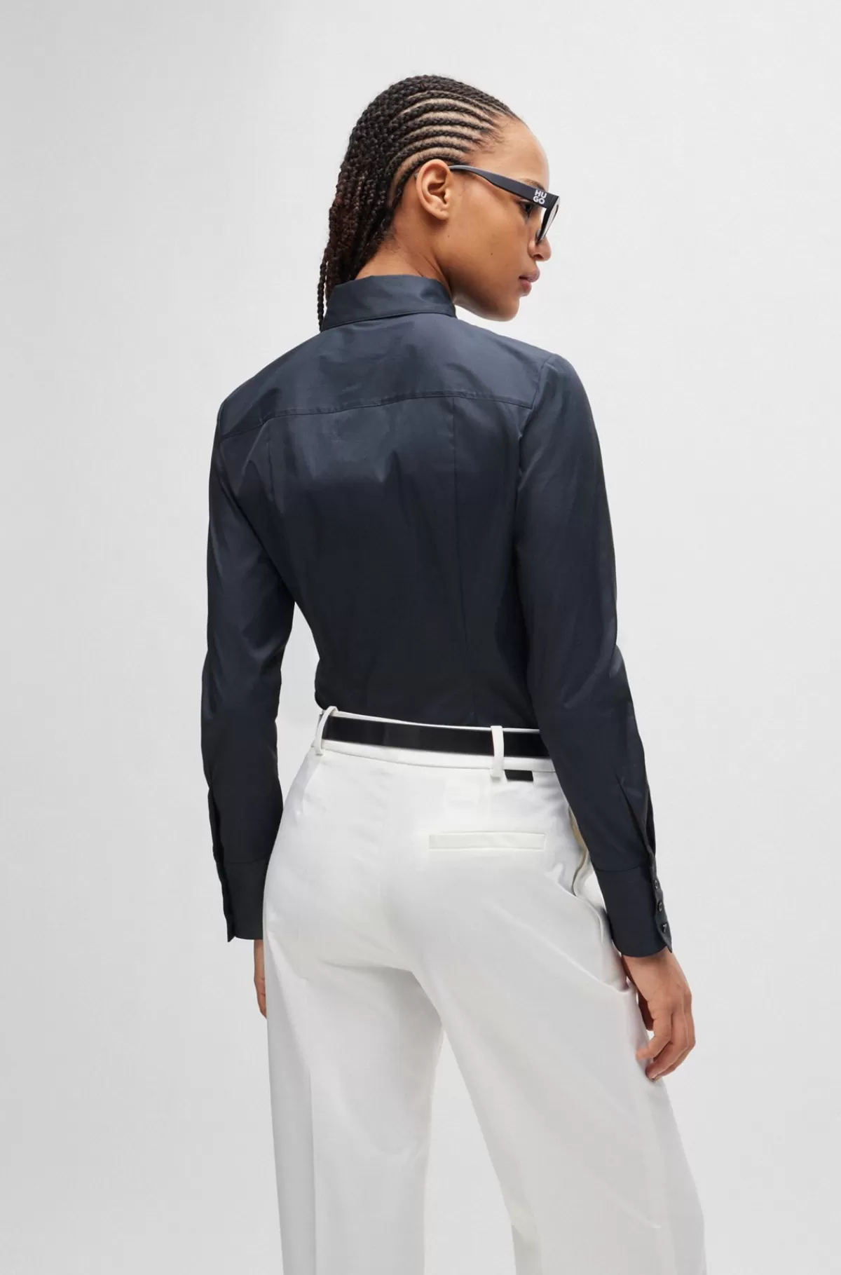 HUGO BOSS Bluse I Figursyet Pasform I Poplin, Der Er Nemt At Stryge Mørkeblå Hot
