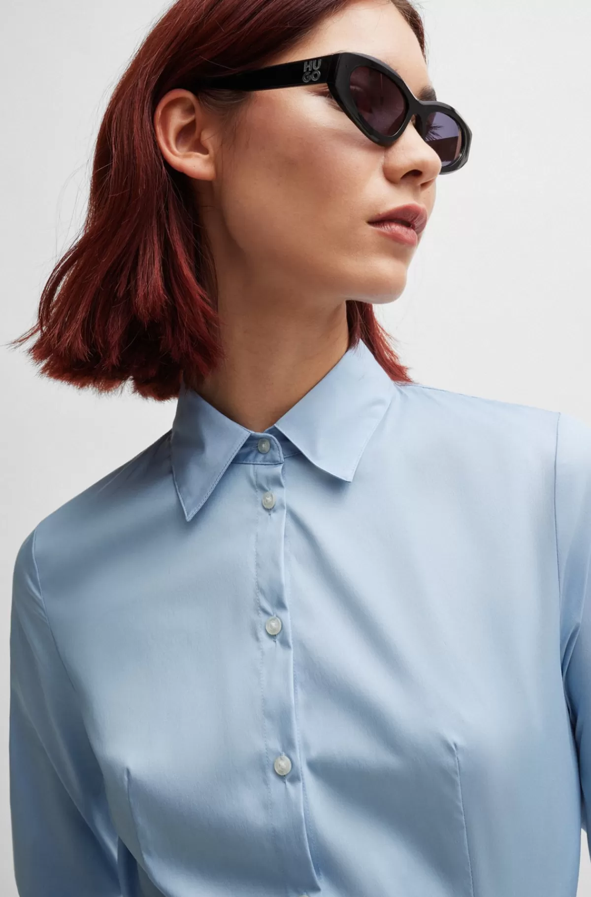 HUGO BOSS Bluse I Figursyet Pasform I Poplin, Der Er Nemt At Stryge Lyseblå Store