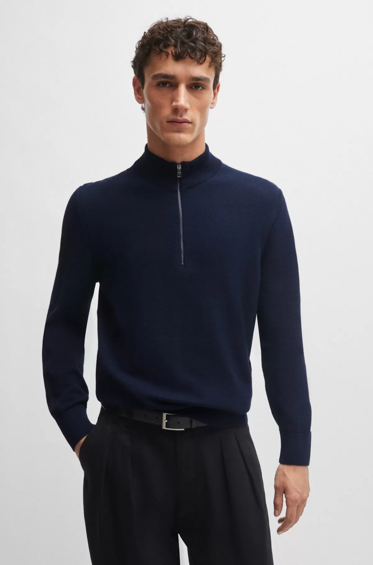 HUGO BOSS Bomuldssweater Med Strikket Struktur Og Lynlås I Halsen Mørkeblå Online