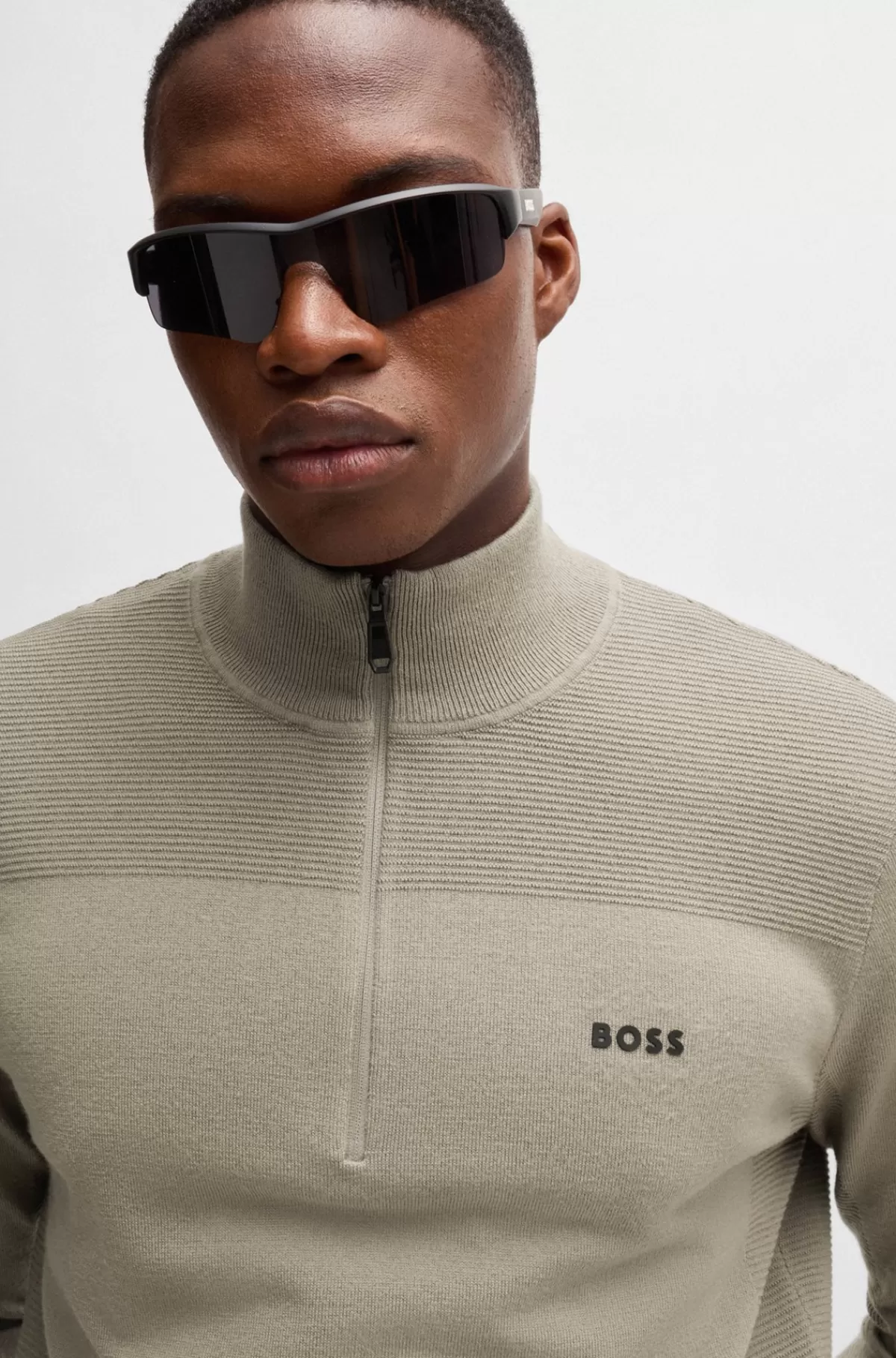 HUGO BOSS Brandet Sweater Med Lynlås I Halsen I Dry-flexstof Beige Outlet
