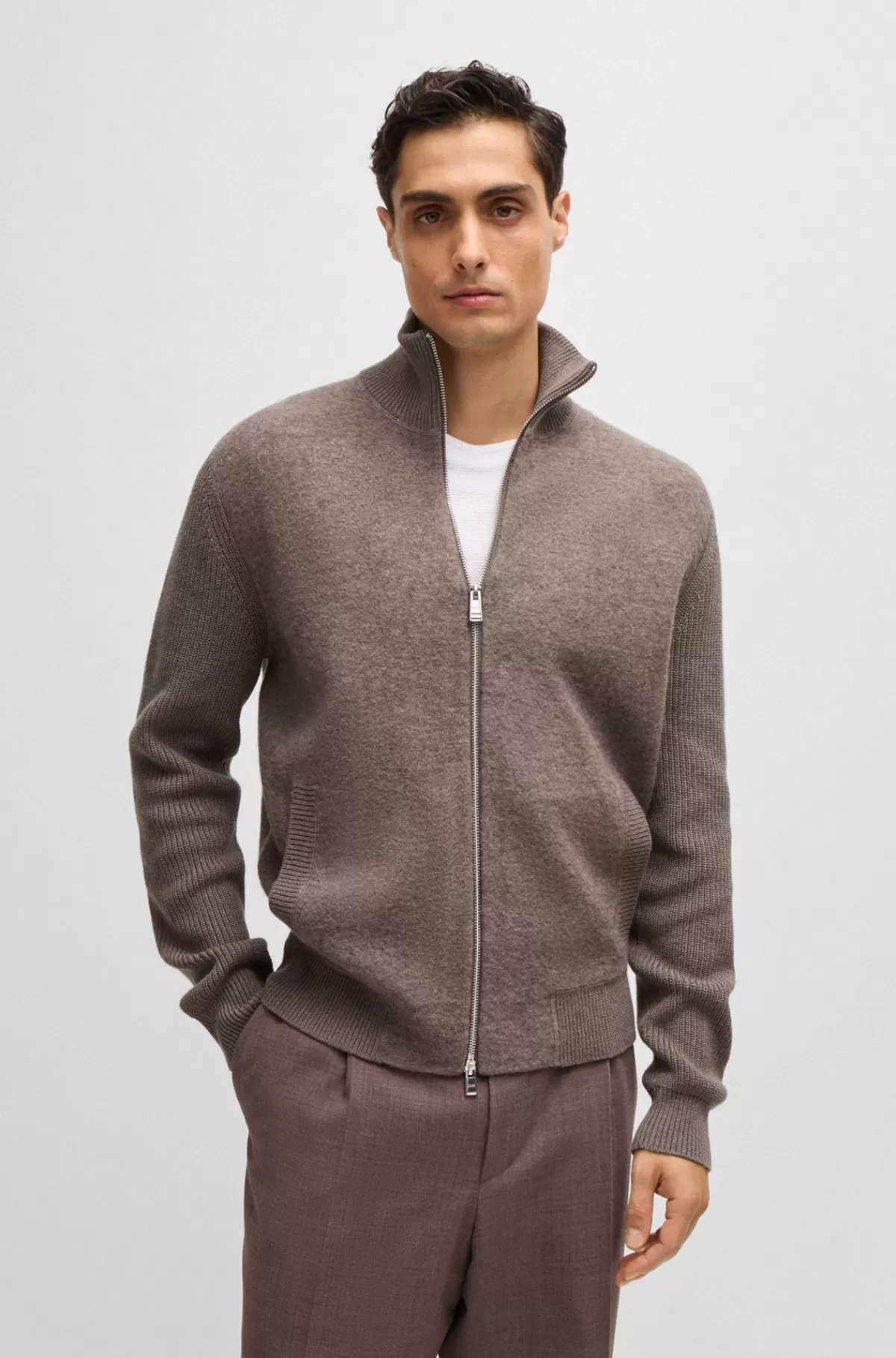 HUGO BOSS Cardigan Med Blandede Strukturer I Bomuld Og Uld Beige Clearance