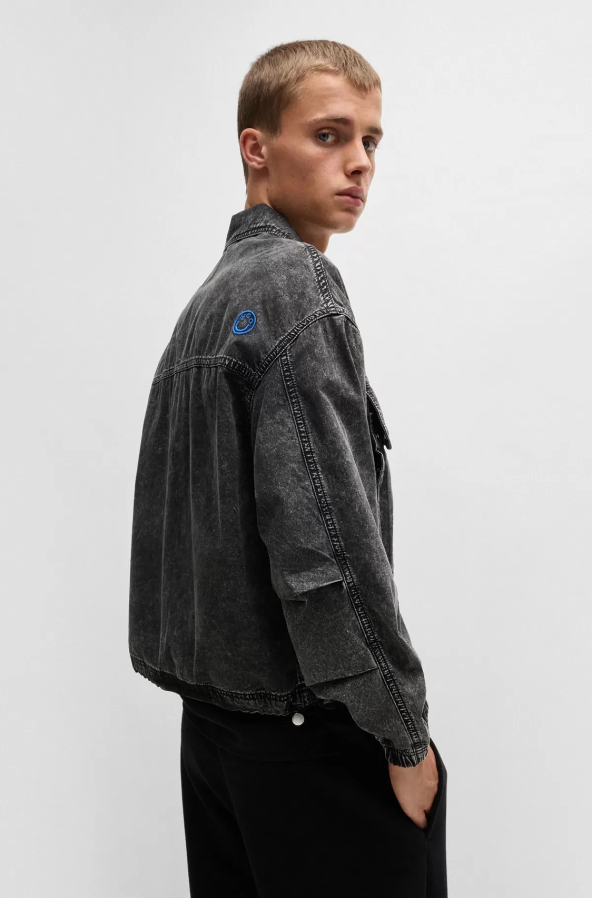 HUGO BOSS Cropped Bomberjakke I Sort Denim Uden Stræk Mørkegrå Outlet