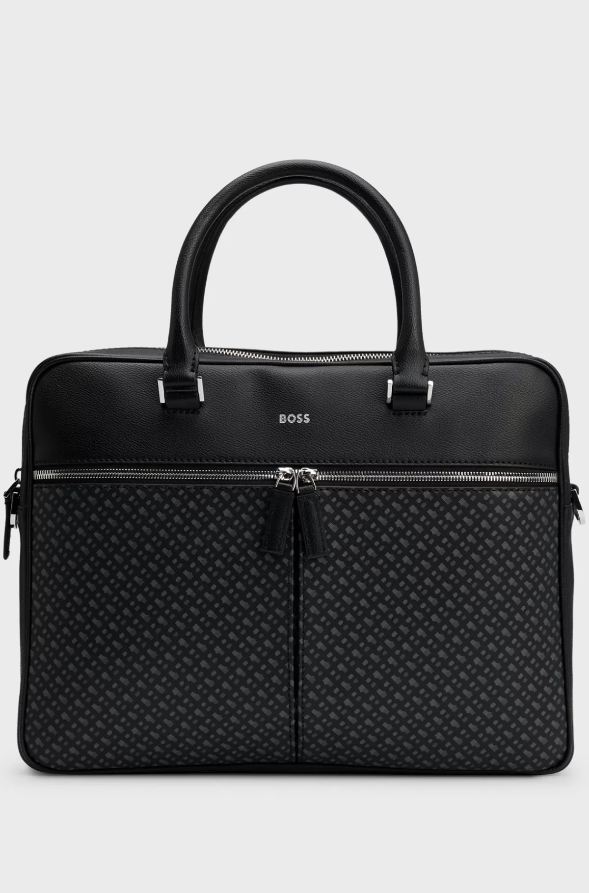 HUGO BOSS Dokumentmappe Med Monogrammønster Og Belagt Logo I Sølvfarve Sort Clearance