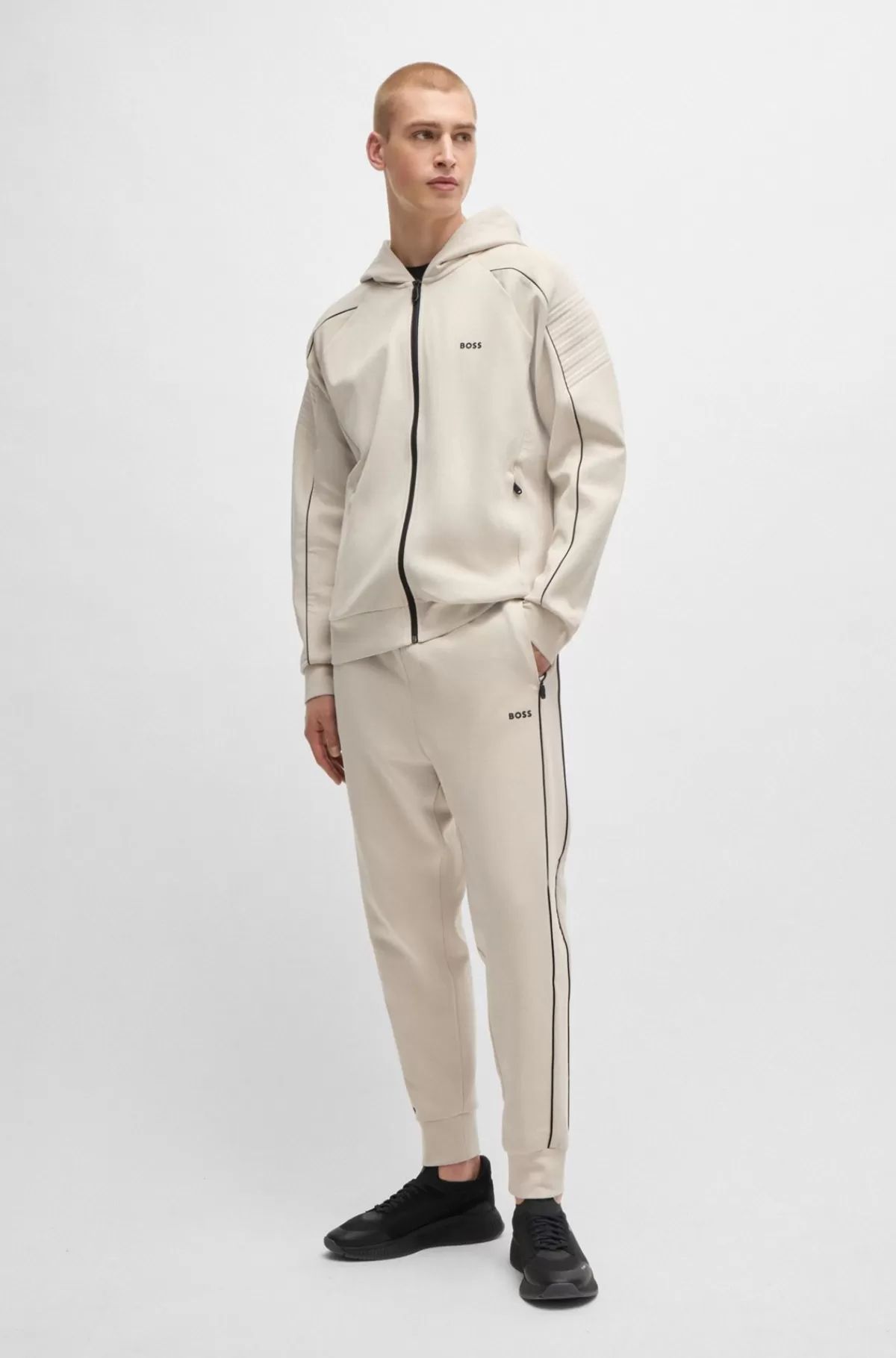 HUGO BOSS Hættetrøje I Bomuld Med Stræk Og Lynlås Samt Grafisk Prægning Lys beige Fashion