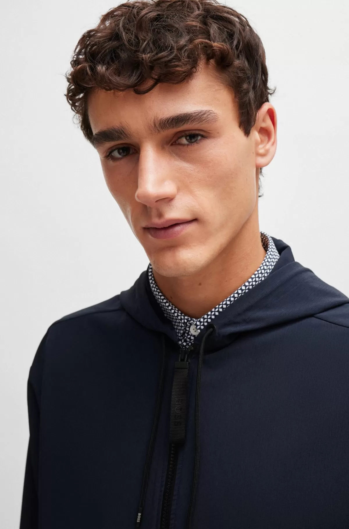 HUGO BOSS Hættetrøje Med Lynlås I Relaxed Fit I Stof Med Stræk Mørkeblå Outlet