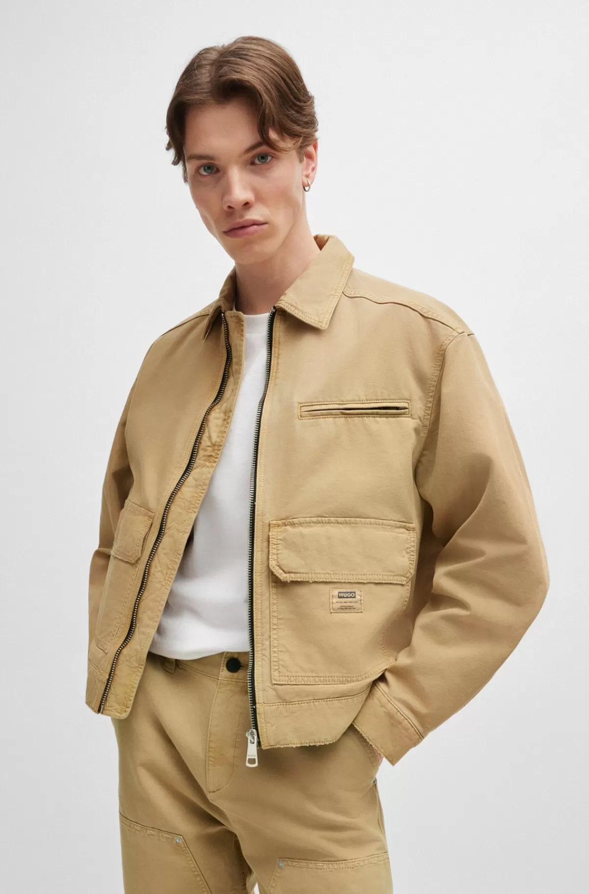 HUGO BOSS Jakke Med Regular Fit Og Logomærkat I Bomuldskanvas Beige Flash Sale
