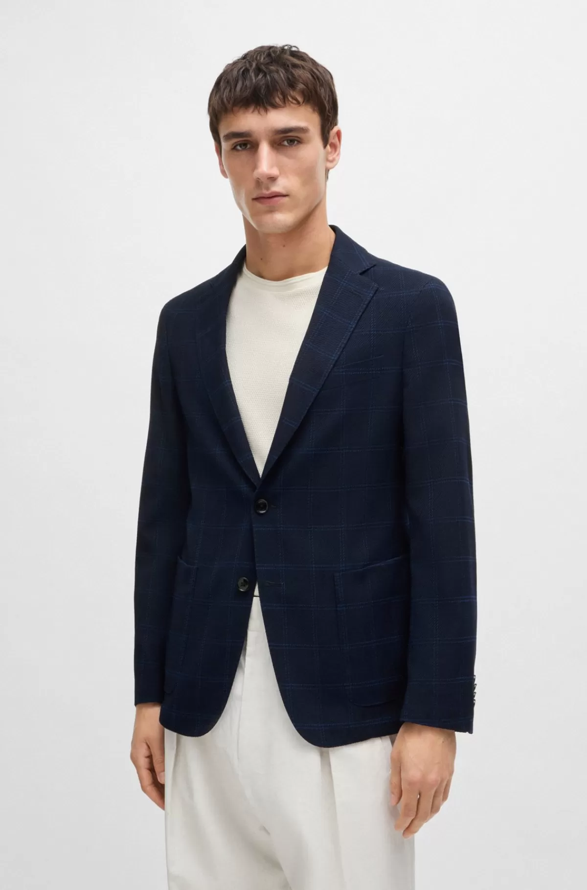 HUGO BOSS Jakke Med Slim-fit I Ternet Stof Med Stræk Mørkeblå Fashion