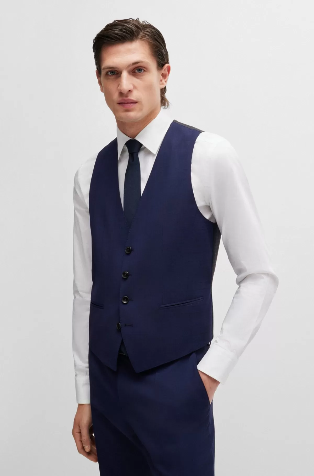 HUGO BOSS Jakkesæt I Tre Dele Med Slim Fit I Diskret Ternet Stof Med Stræk Mørkeblå Shop