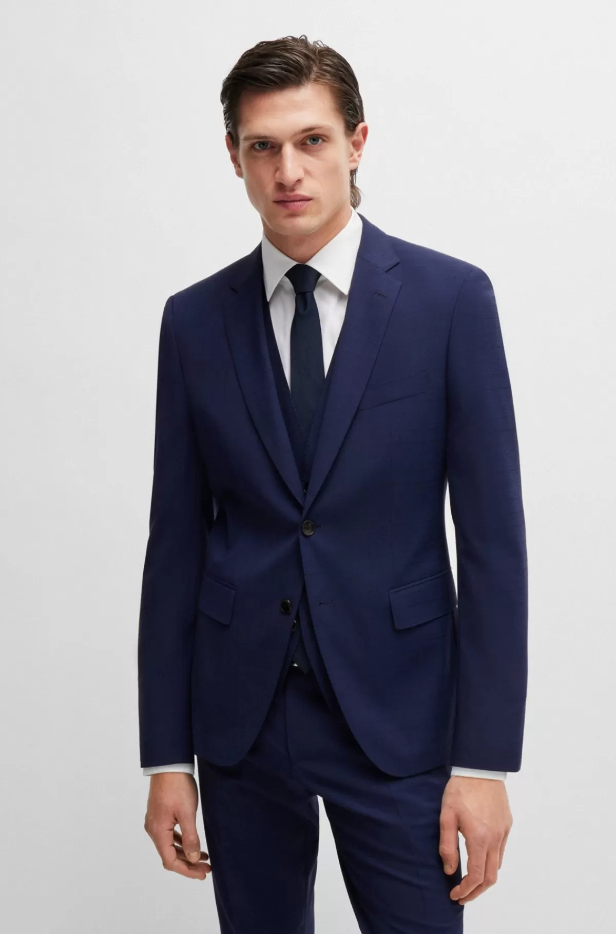 HUGO BOSS Jakkesæt I Tre Dele Med Slim Fit I Diskret Ternet Stof Med Stræk Mørkeblå Shop