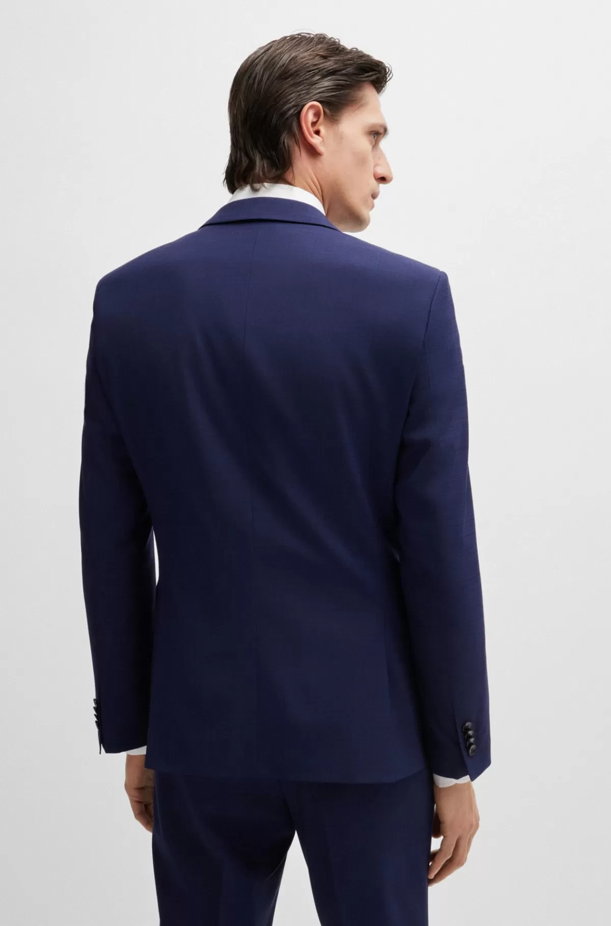 HUGO BOSS Jakkesæt I Tre Dele Med Slim Fit I Diskret Ternet Stof Med Stræk Mørkeblå Shop