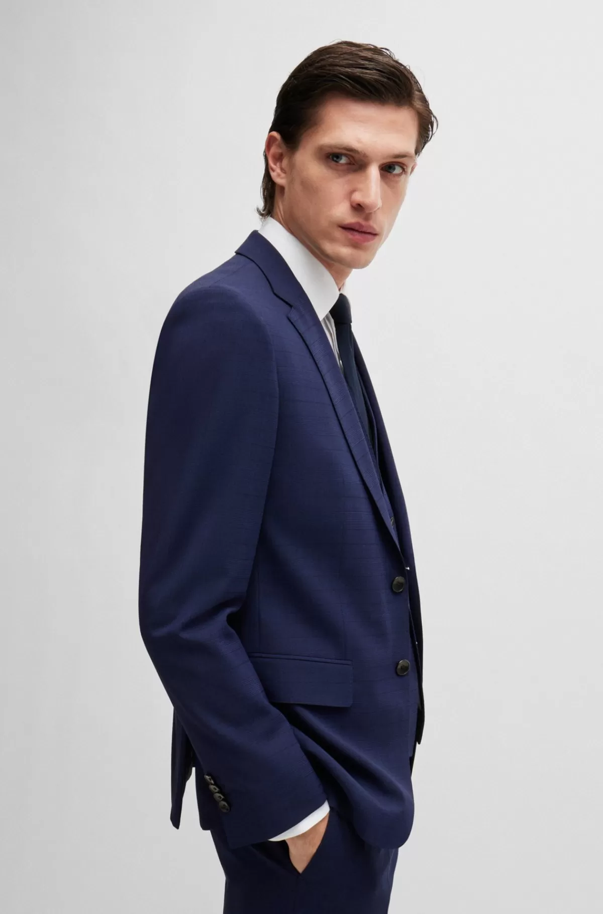 HUGO BOSS Jakkesæt I Tre Dele Med Slim Fit I Diskret Ternet Stof Med Stræk Mørkeblå Shop