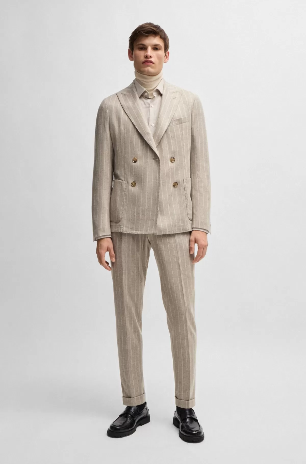 HUGO BOSS Jakkesæt Med Slim Fit I Stribet Uldblanding Lys beige Hot