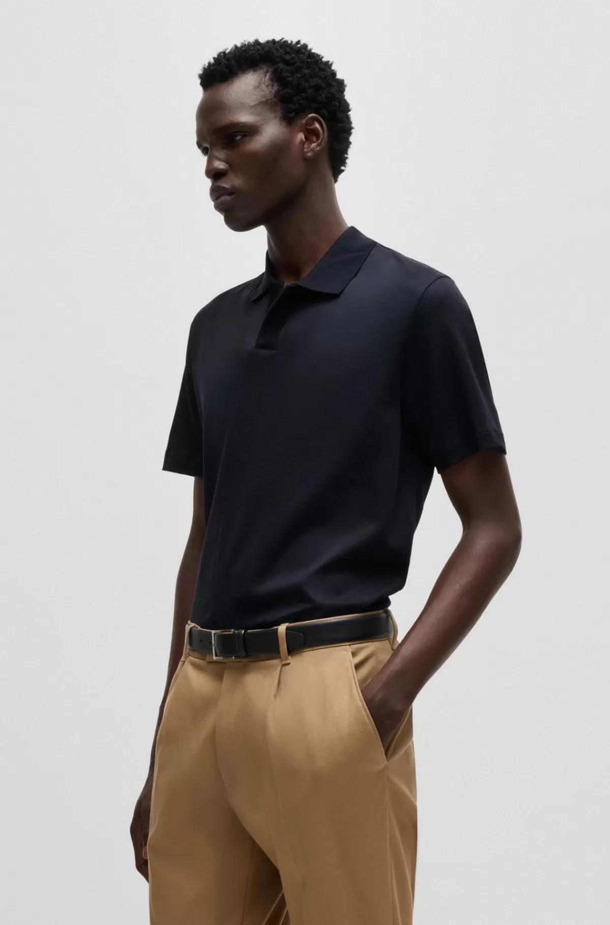 HUGO BOSS Johnny-krave Poloshirt I Bomuld Med Blandet Struktur Mørkeblå Shop