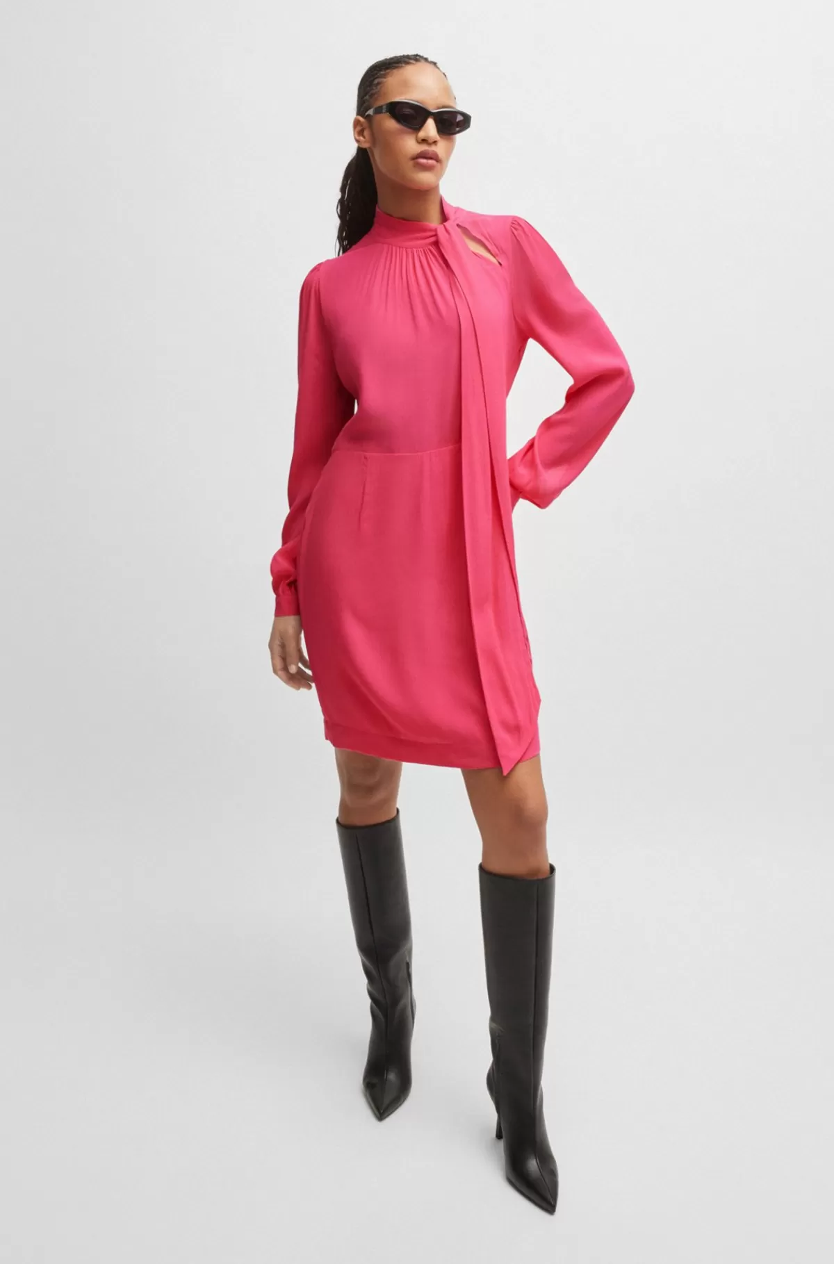 HUGO BOSS Kjole I Crepestof Med Lange ærmer Og Sløjfe I Halsen Pink Fashion