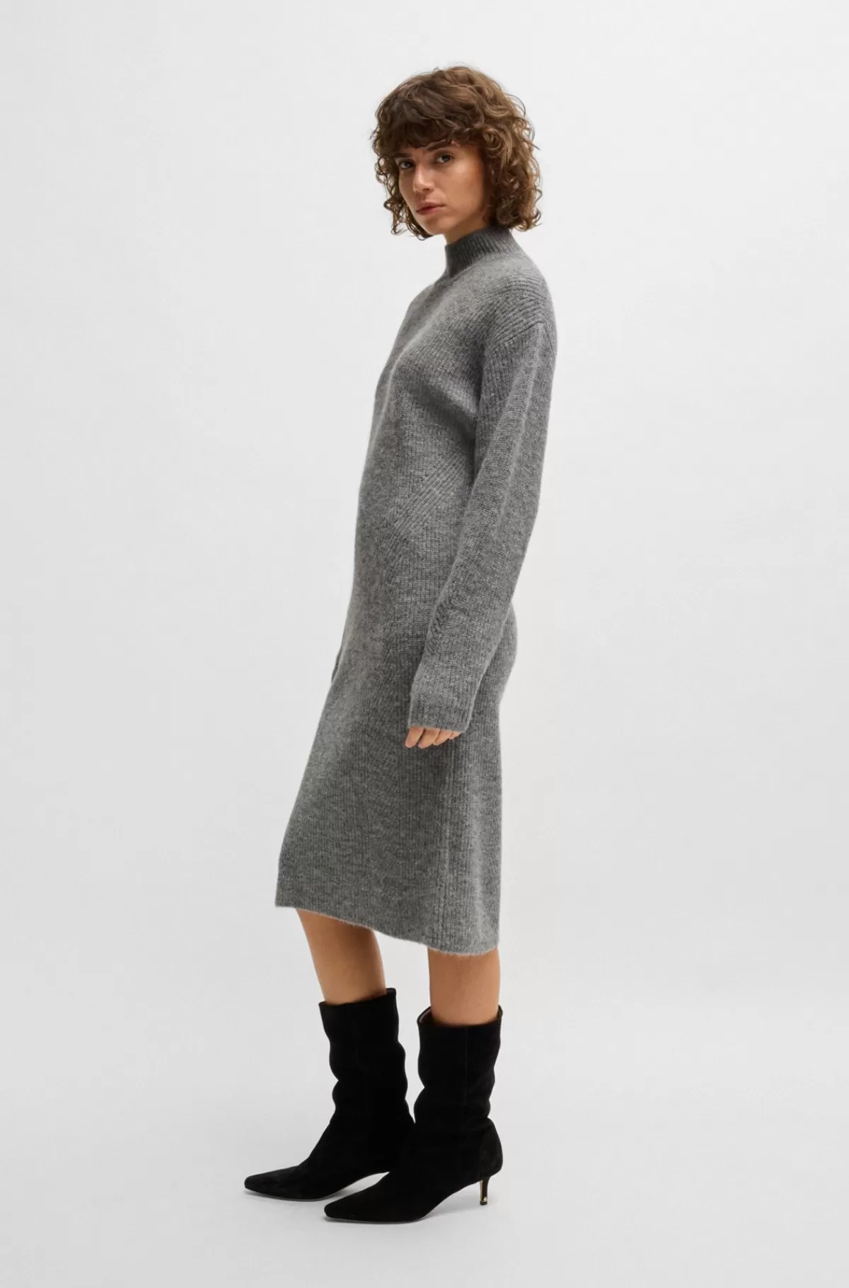 HUGO BOSS Kjole Med Lange ærmer Og Relaxed Fit I Blandede Ribstrukturer Grå Clearance