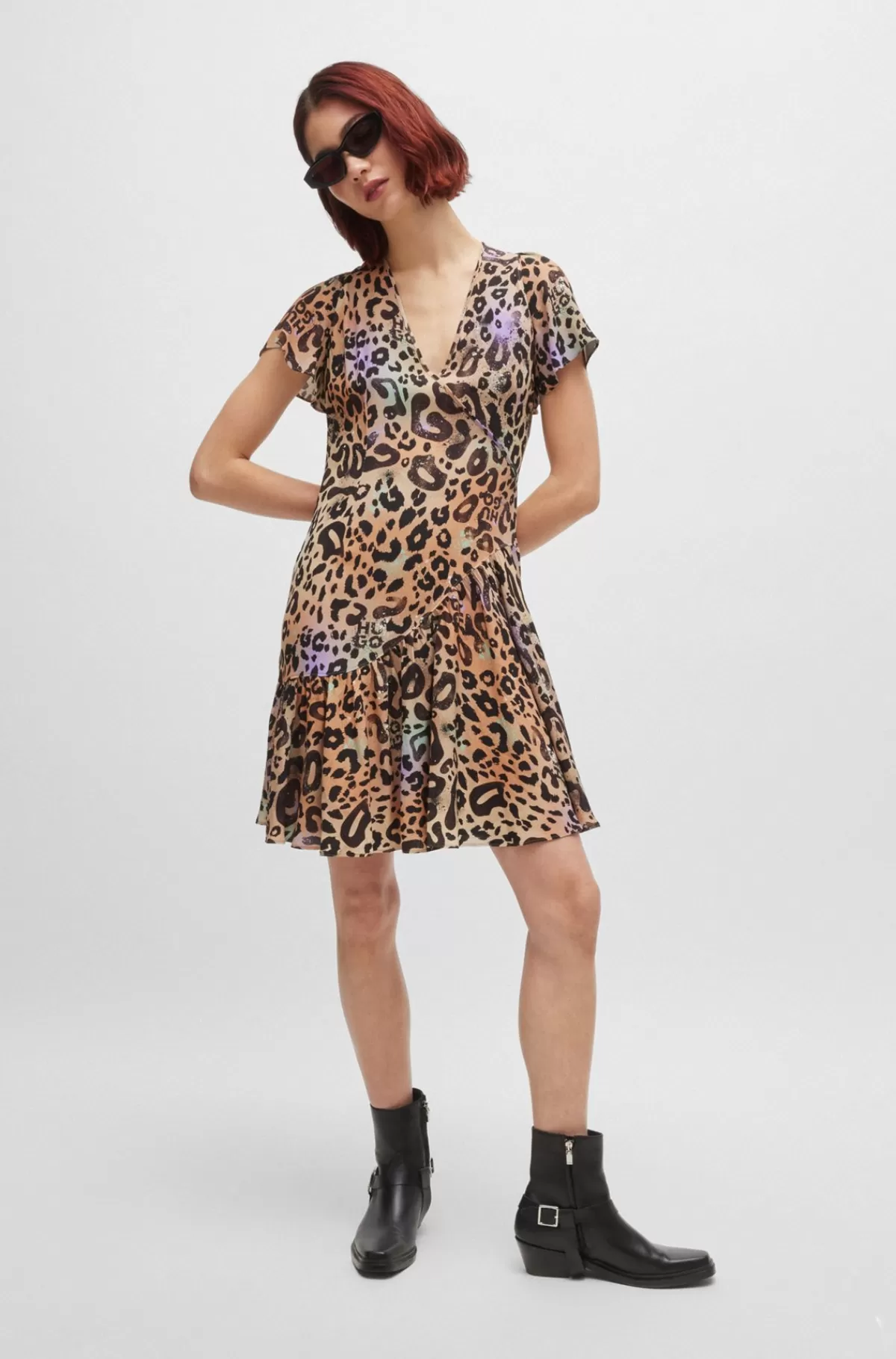 HUGO BOSS Kjole Med Slå Om-effekt I Leopardprintet Stof Mønstret Discount