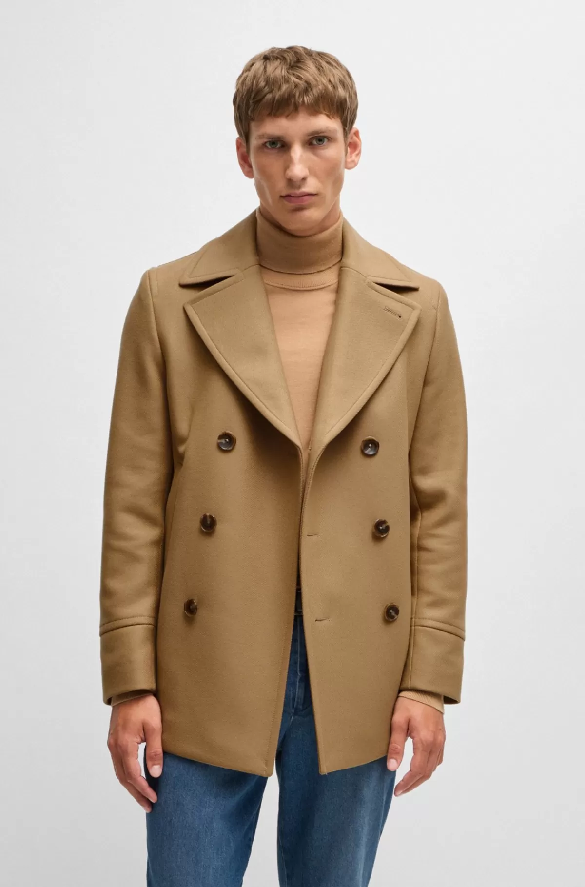 HUGO BOSS Kort Frakke I Uldblanding Med Dobbeltradet Lukning Og Slim Fit Beige Outlet