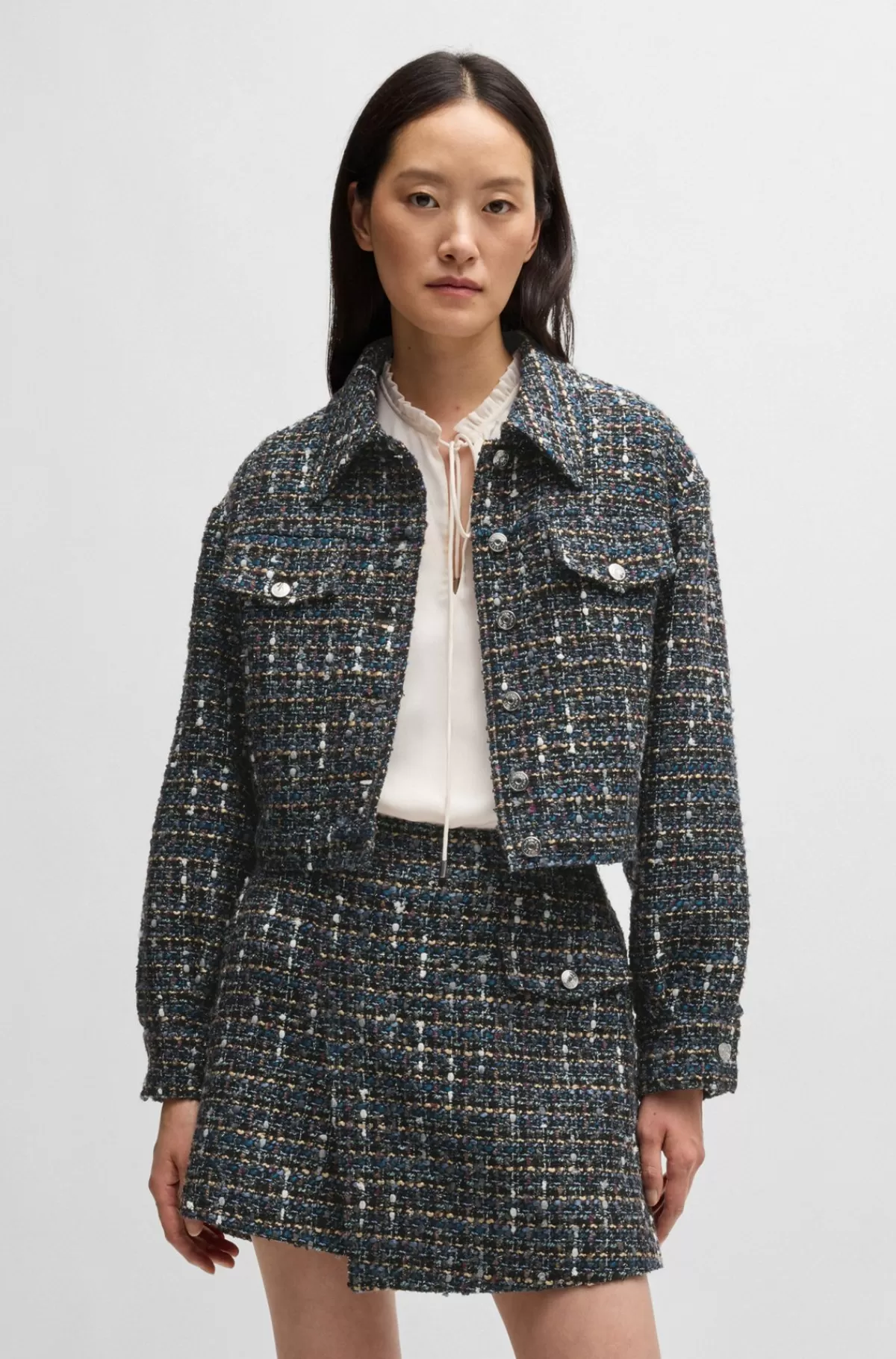 HUGO BOSS Kort Jakke I Tweed Med Brandede Knapper Mønstret Sale