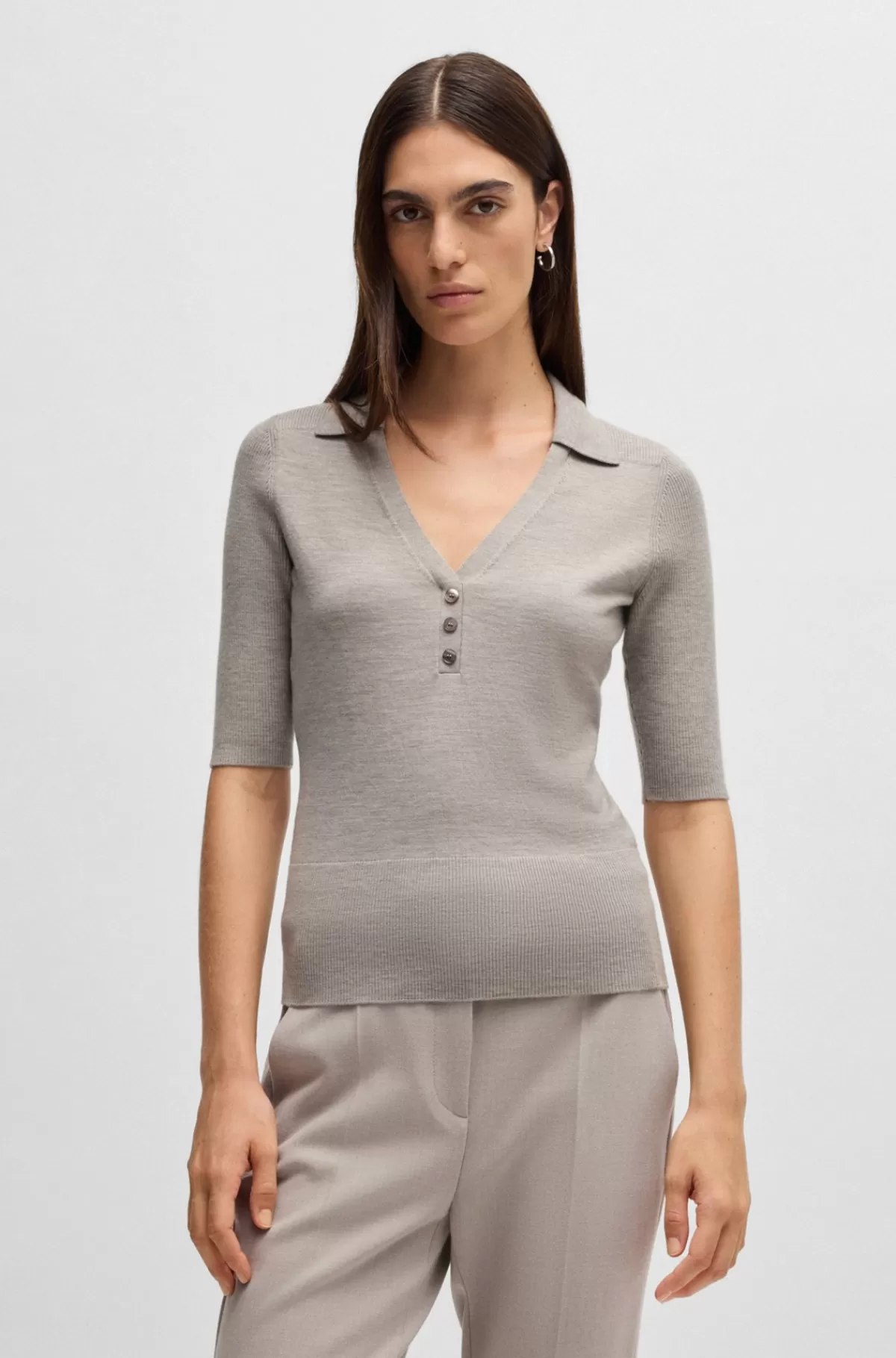 HUGO BOSS Kortærmet, Uldblandet Sweater Med Knapper På Stolpen Lysegrå Flash Sale
