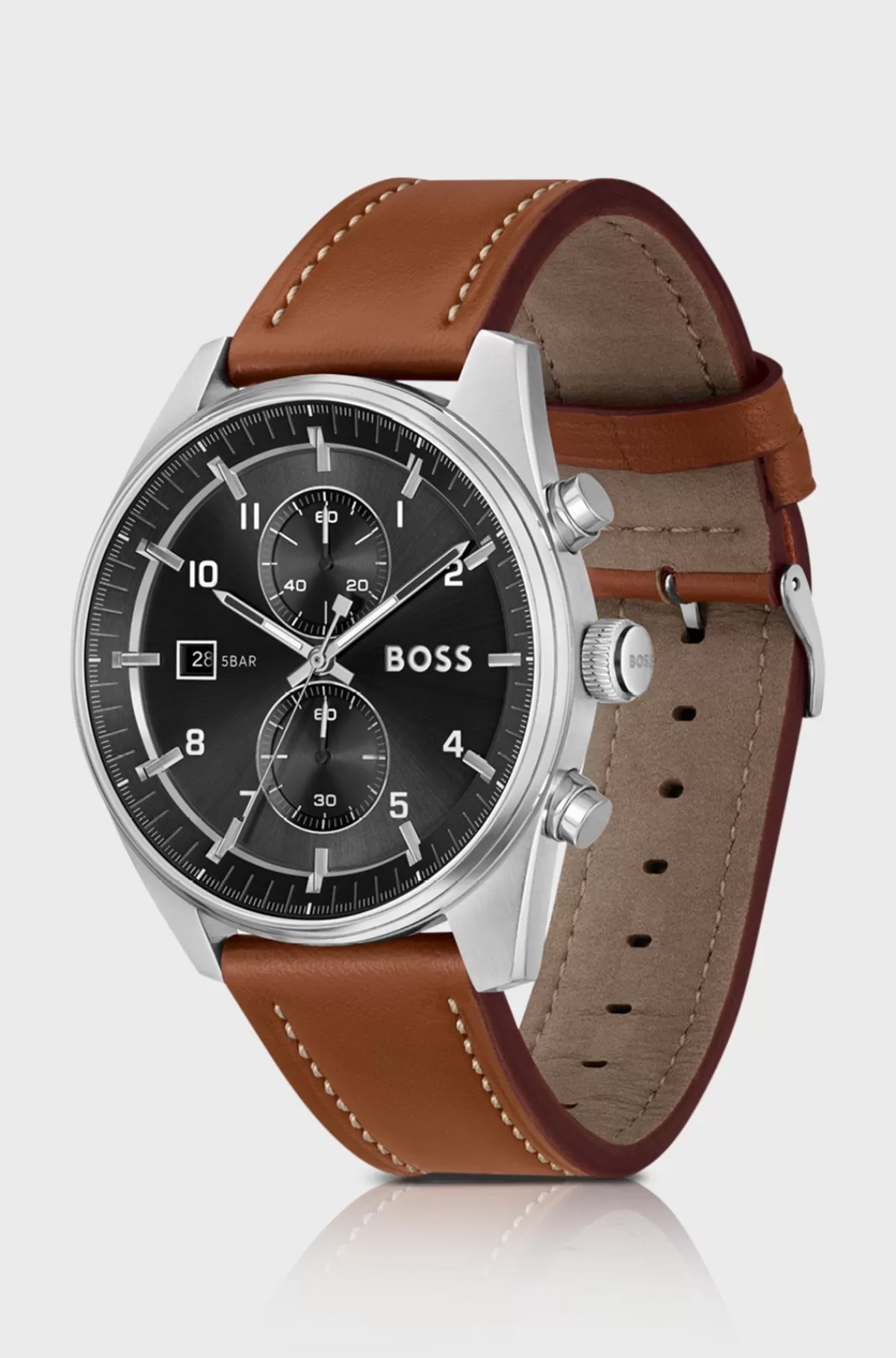 HUGO BOSS Kronograf-ur Med Sort Urskive Og Læderrem Brun Sale
