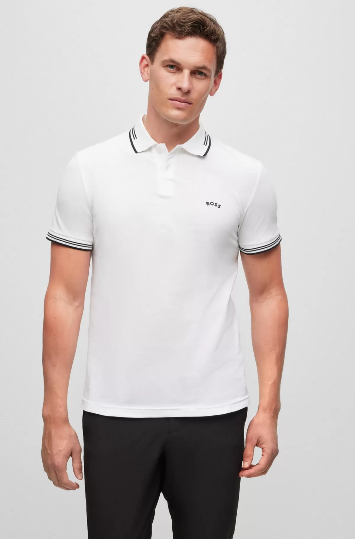 HUGO BOSS Poloshirt I Bomuld Med Stræk, Slank Pasform Og Buet Logo Hvid Discount