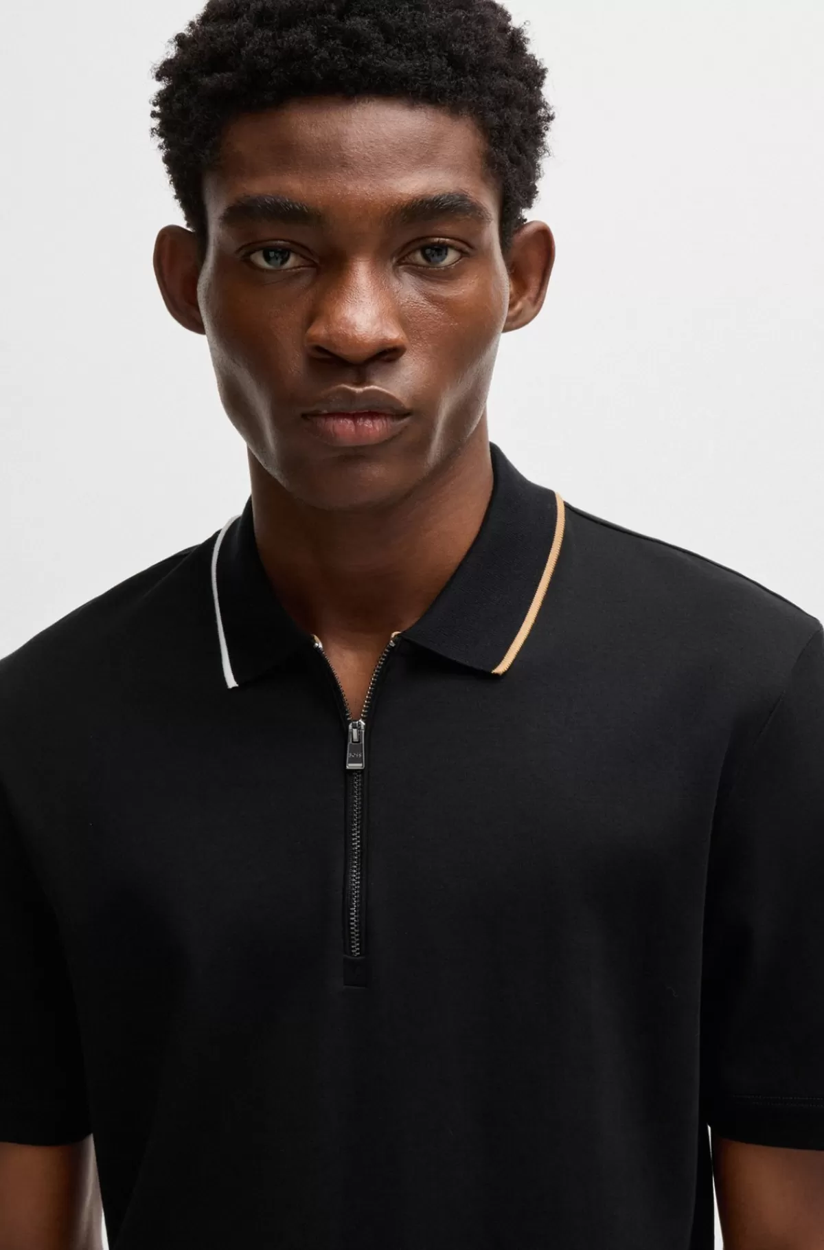 HUGO BOSS Poloshirt I Interlockbomuld Med Lynlås I Halsen Sort Cheap