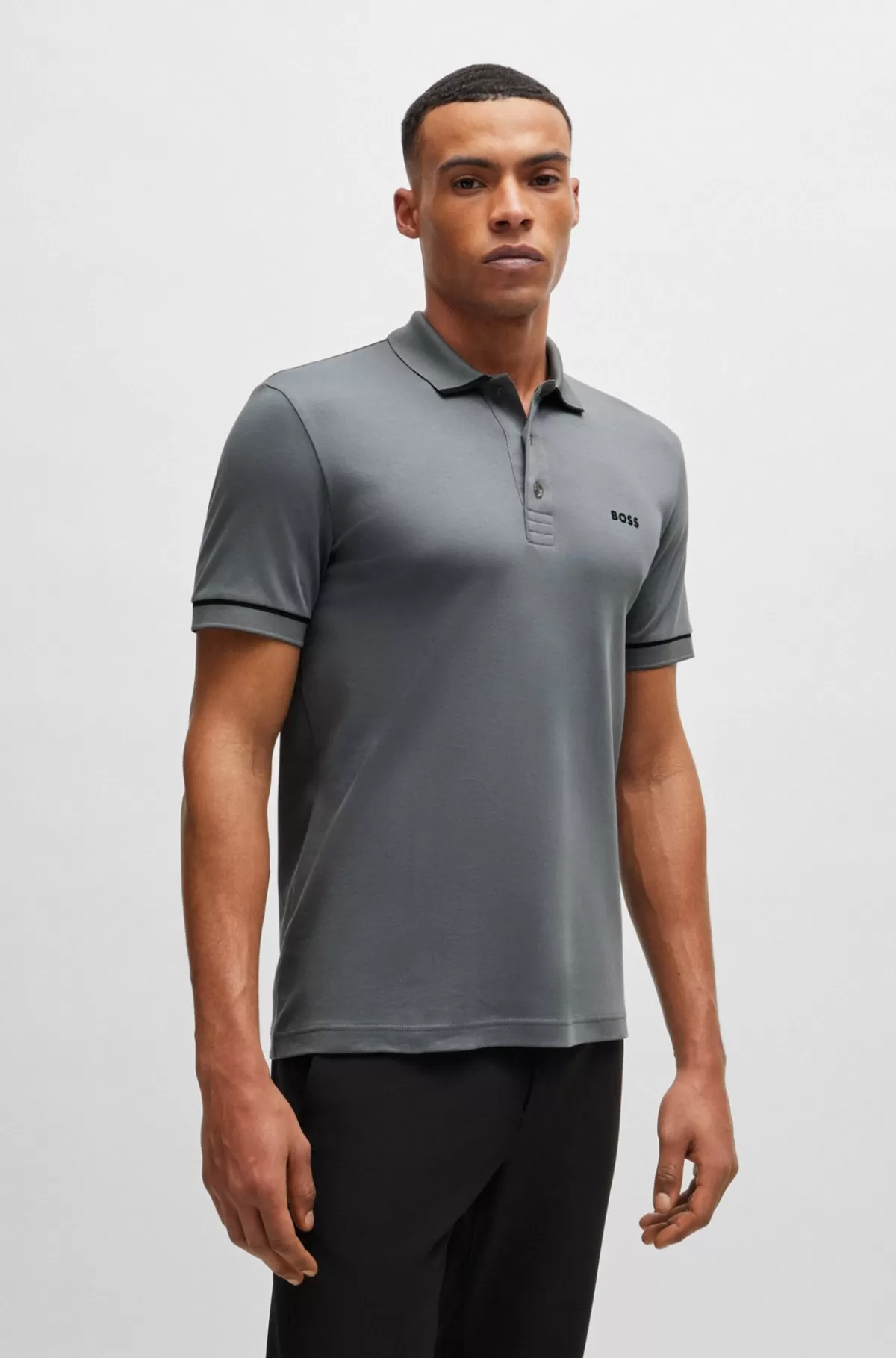 HUGO BOSS Poloshirt I Interlock-bomuld Med Slim Fit Og Kontrastdetaljer Grå New