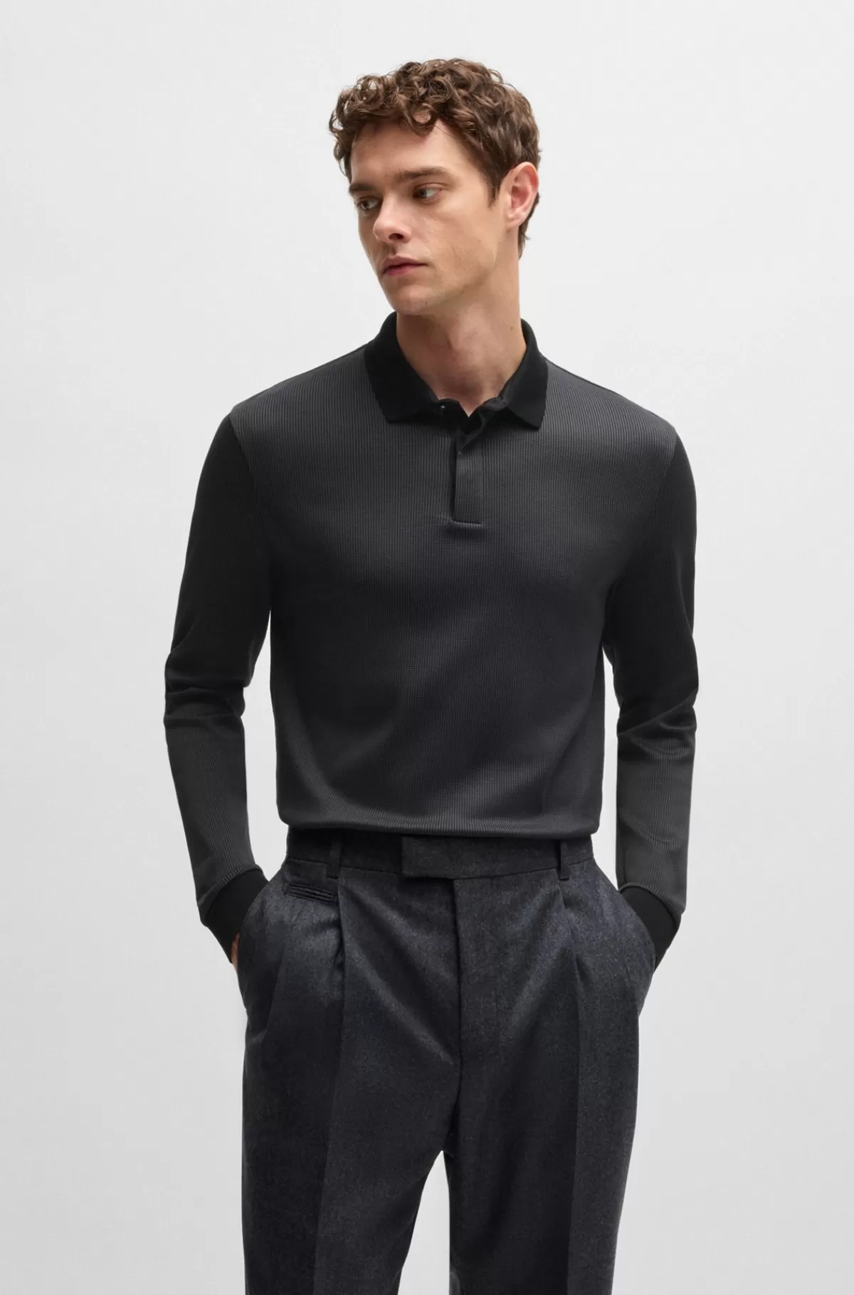 HUGO BOSS Poloshirt Med Lange ærmer I Bomuld Og Skjult Stolpelukning Sort Cheap