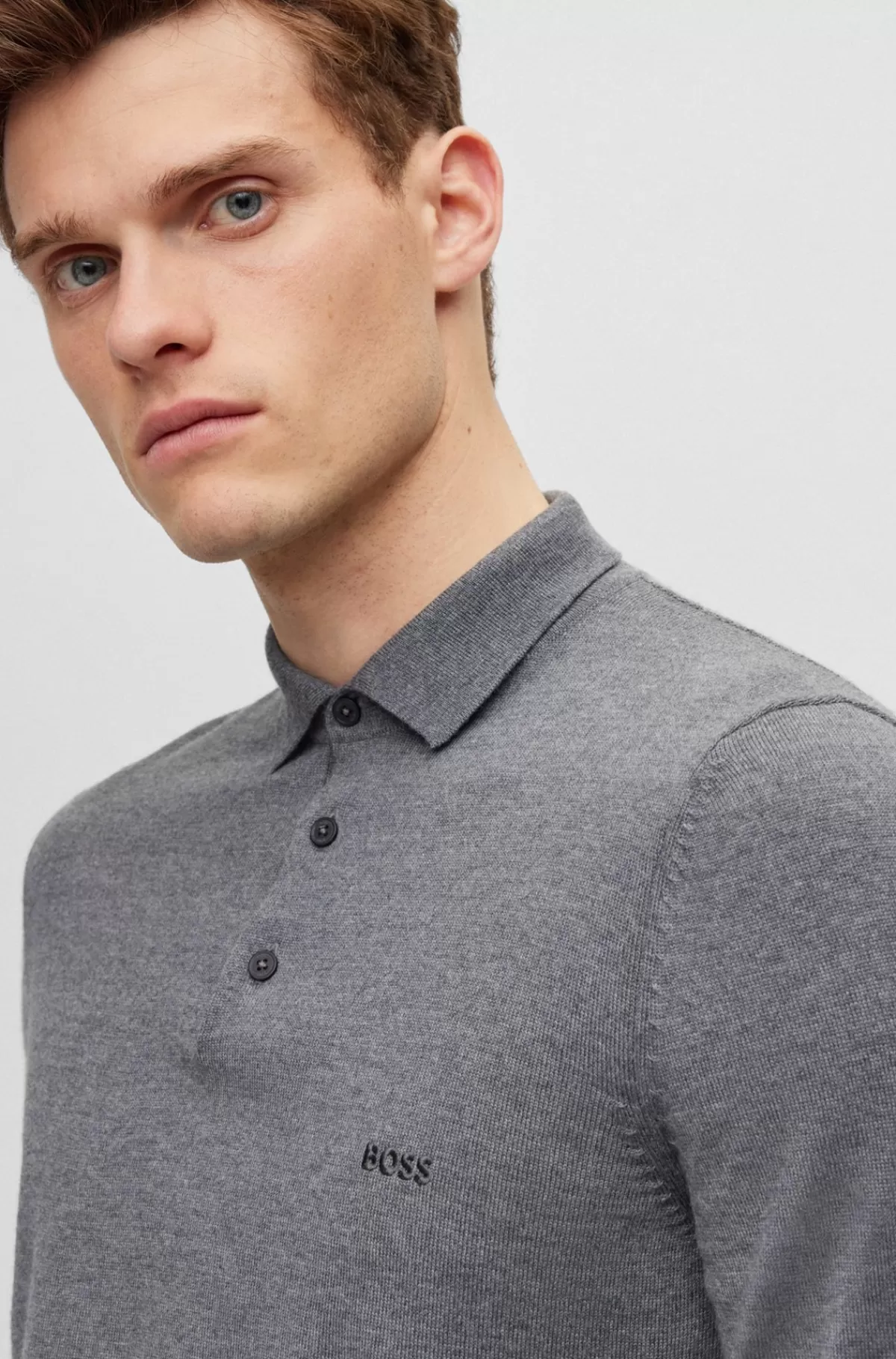 HUGO BOSS Polosweater Med Broderet Logo I Ny Uld Grå Clearance