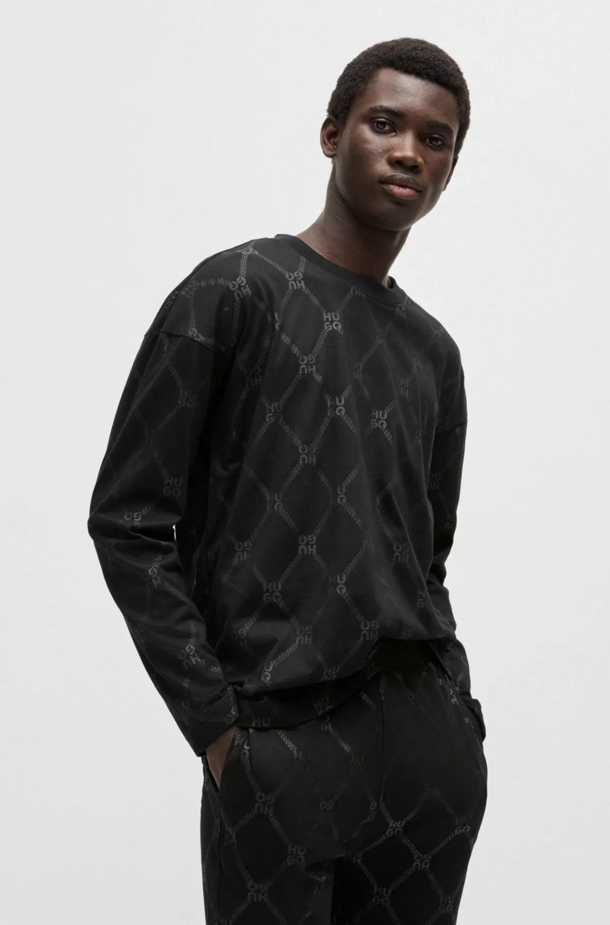 HUGO BOSS Pyjamas I Bomuldsjersey Med Signaturkædemønster Sort Sale
