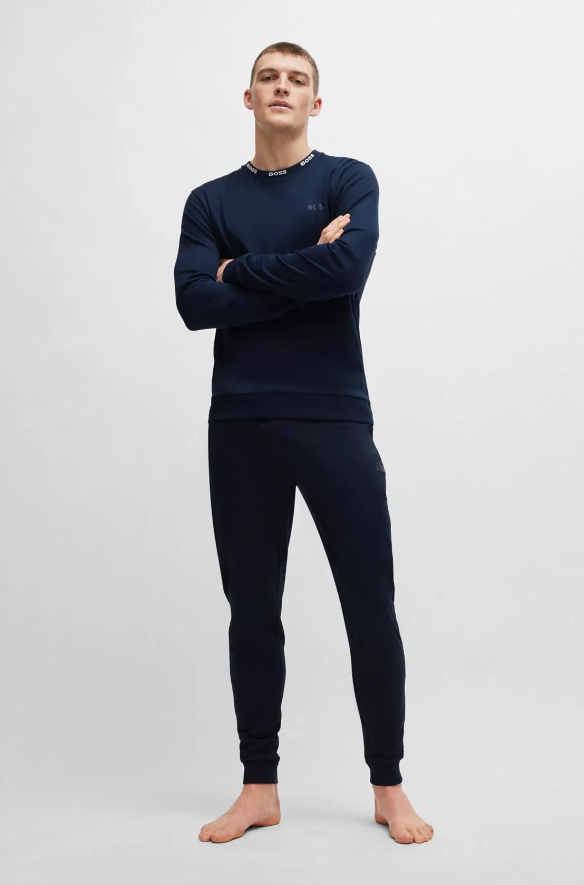 HUGO BOSS Pyjamas I Interlock-bomuld Med Logolinning Mørkeblå Clearance