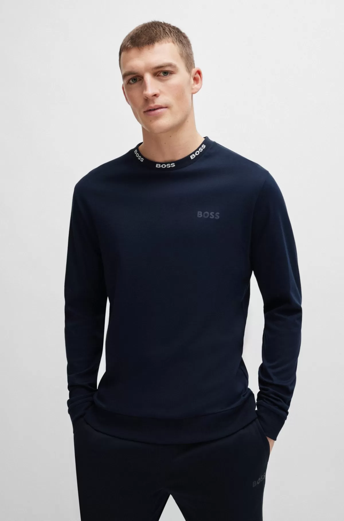 HUGO BOSS Pyjamas I Interlock-bomuld Med Logolinning Mørkeblå Clearance