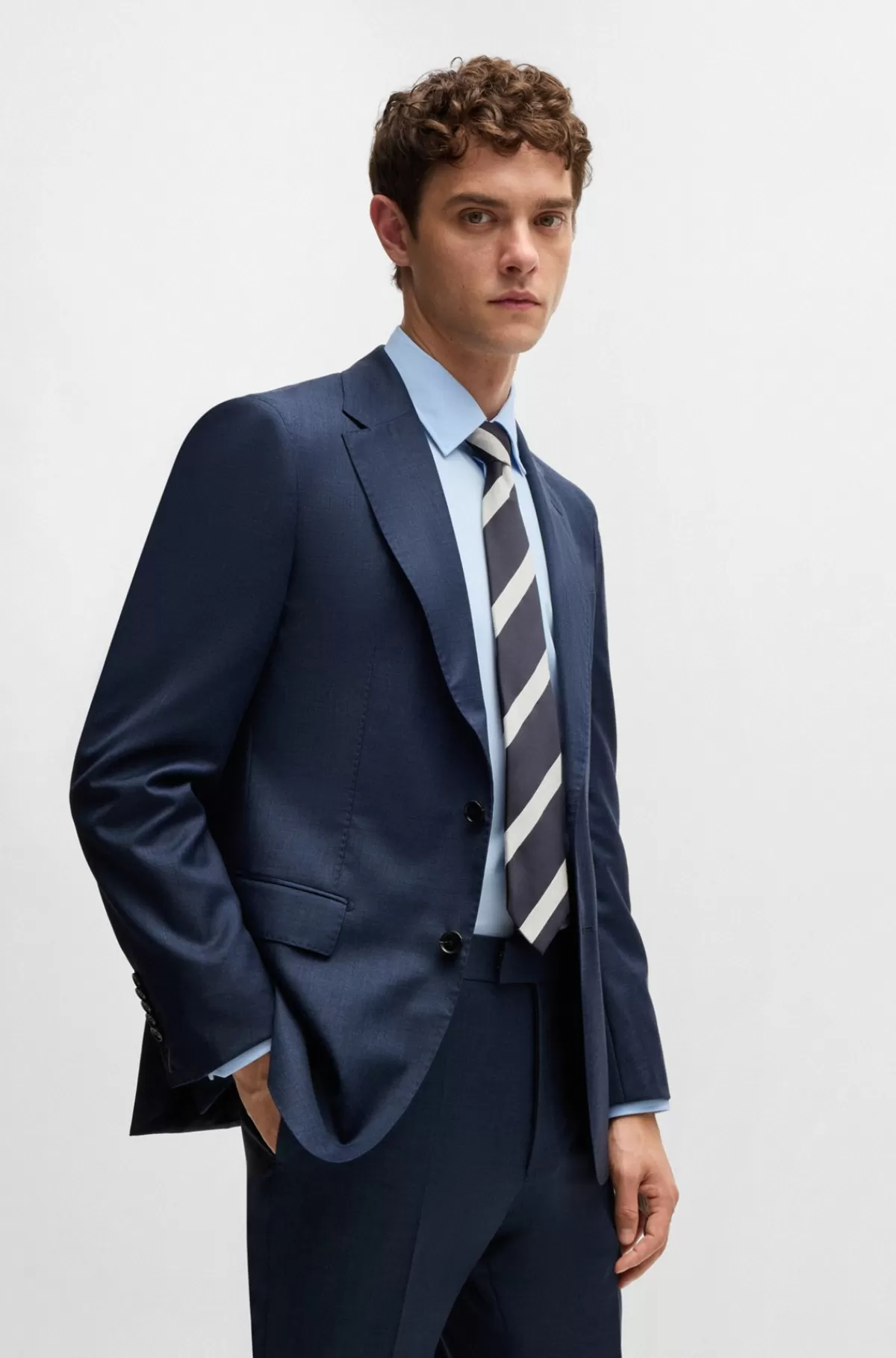 HUGO BOSS Regular Fit Jakkesæt Med Mikromønster I Serge Af Ny Uld Mørkeblå Flash Sale