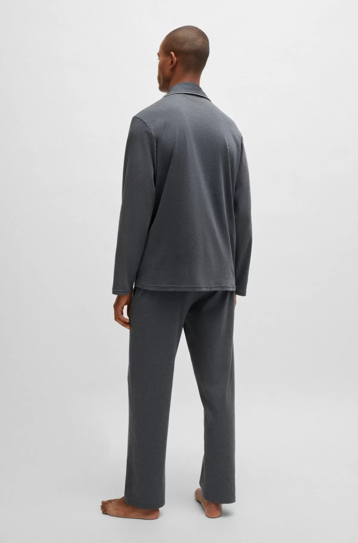 HUGO BOSS Regular Fit Pyjamas I Meleret Bomuld Med Broderet Branding Grå Clearance