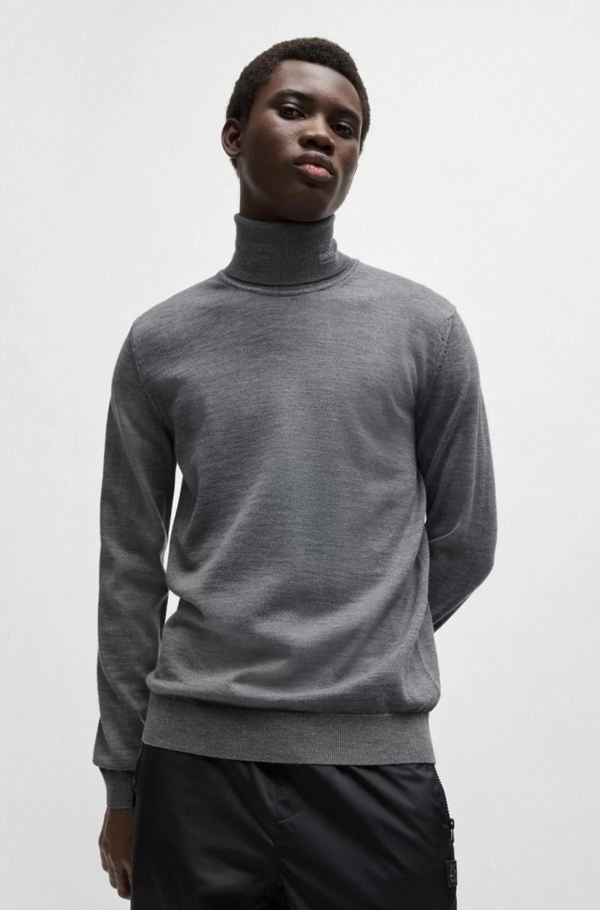 HUGO BOSS Regular Fit Rullekravesweater I Ny Uld Grå Sale