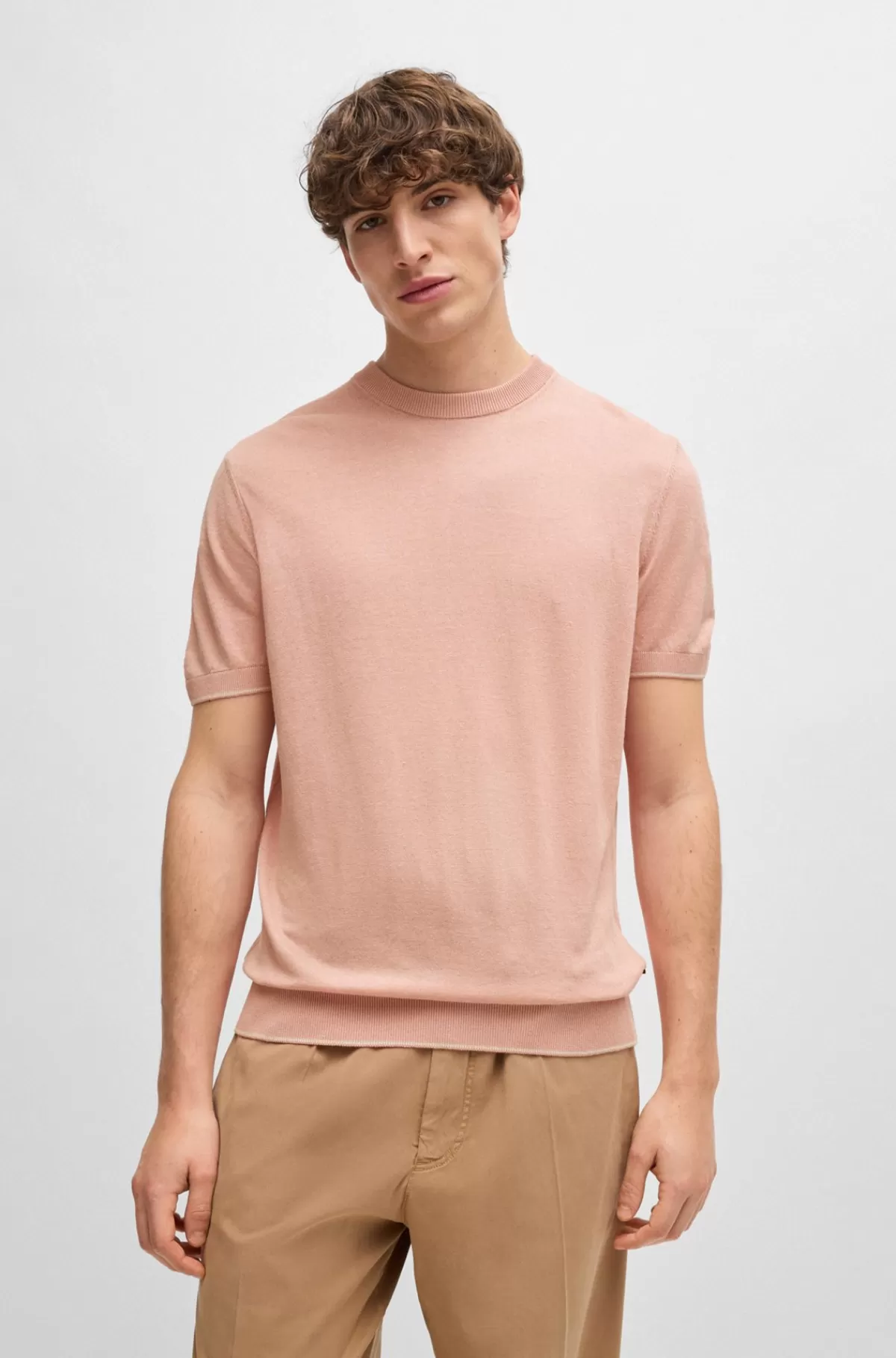 HUGO BOSS Regular Fit Sweater I Hørblanding Med Stribe Ved Sømkanter Lys pink Outlet