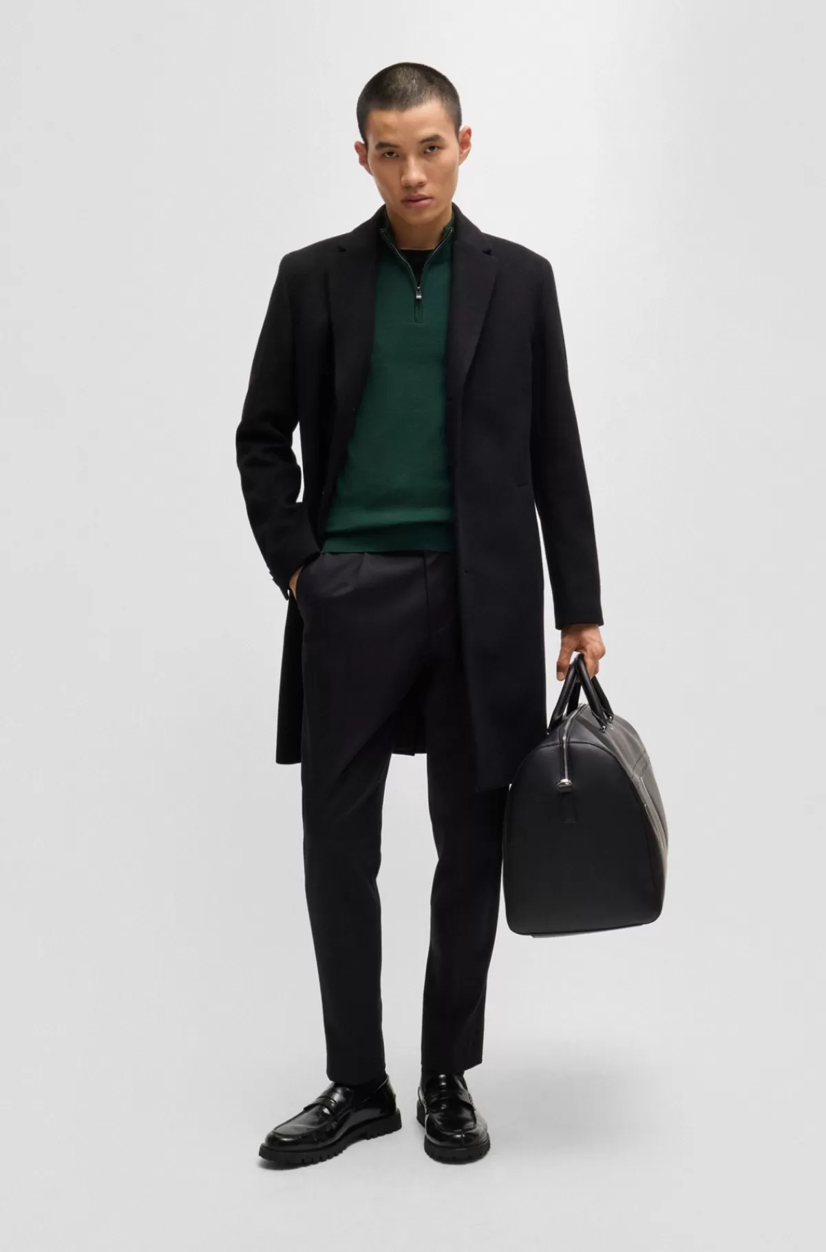 HUGO BOSS Regular Fit Sweater I Ny Uld Med Lynlås I Halsen Mørkegrøn Hot