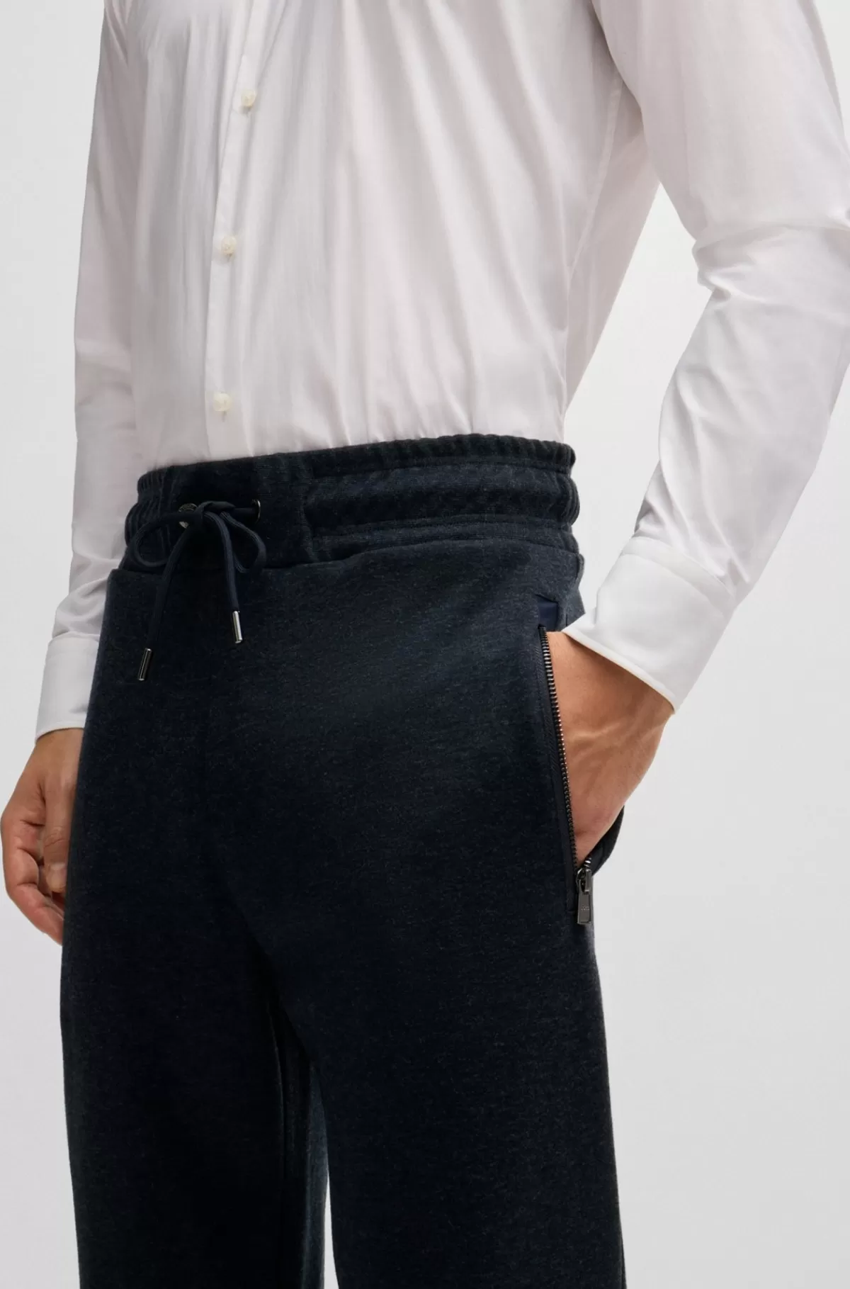 HUGO BOSS Regular Fit Tracksuit-bukser I Flannel Med Stræk Mørkeblå Best Sale