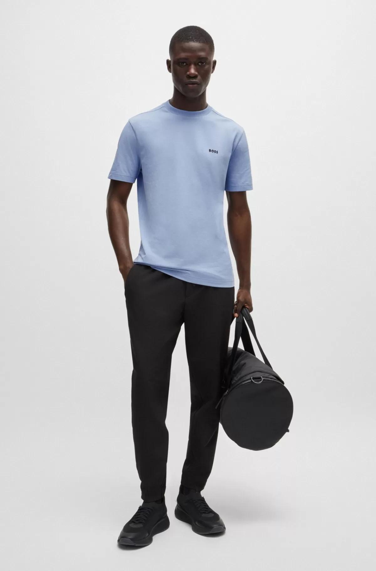 HUGO BOSS Regular Fit T-shirt I Bomuld Med Stræk Og Logo I Kontrastfarve Lyseblå Clearance