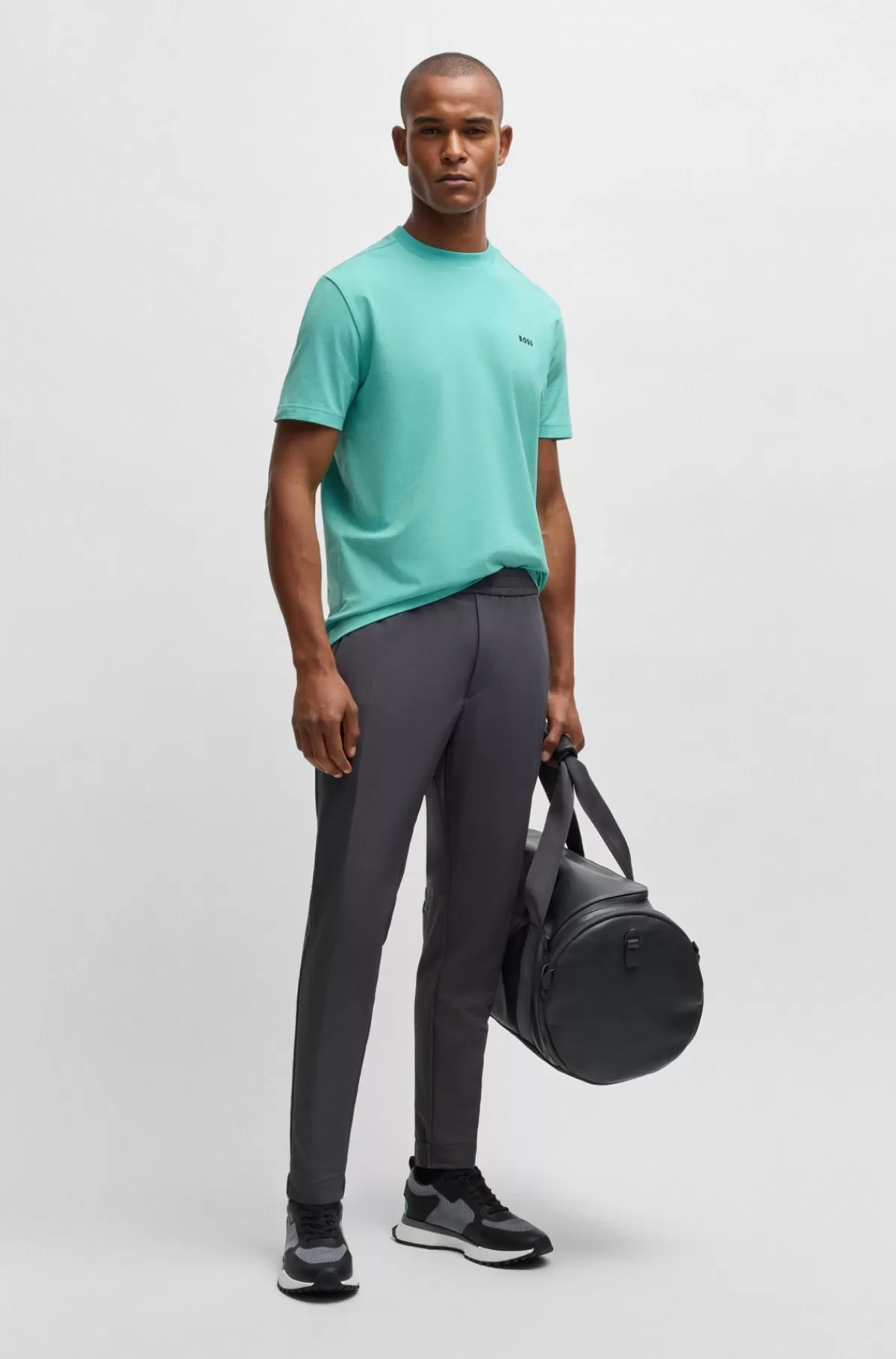 HUGO BOSS Regular Fit T-shirt I Bomuld Med Stræk Og Logo I Kontrastfarve Turkis Discount
