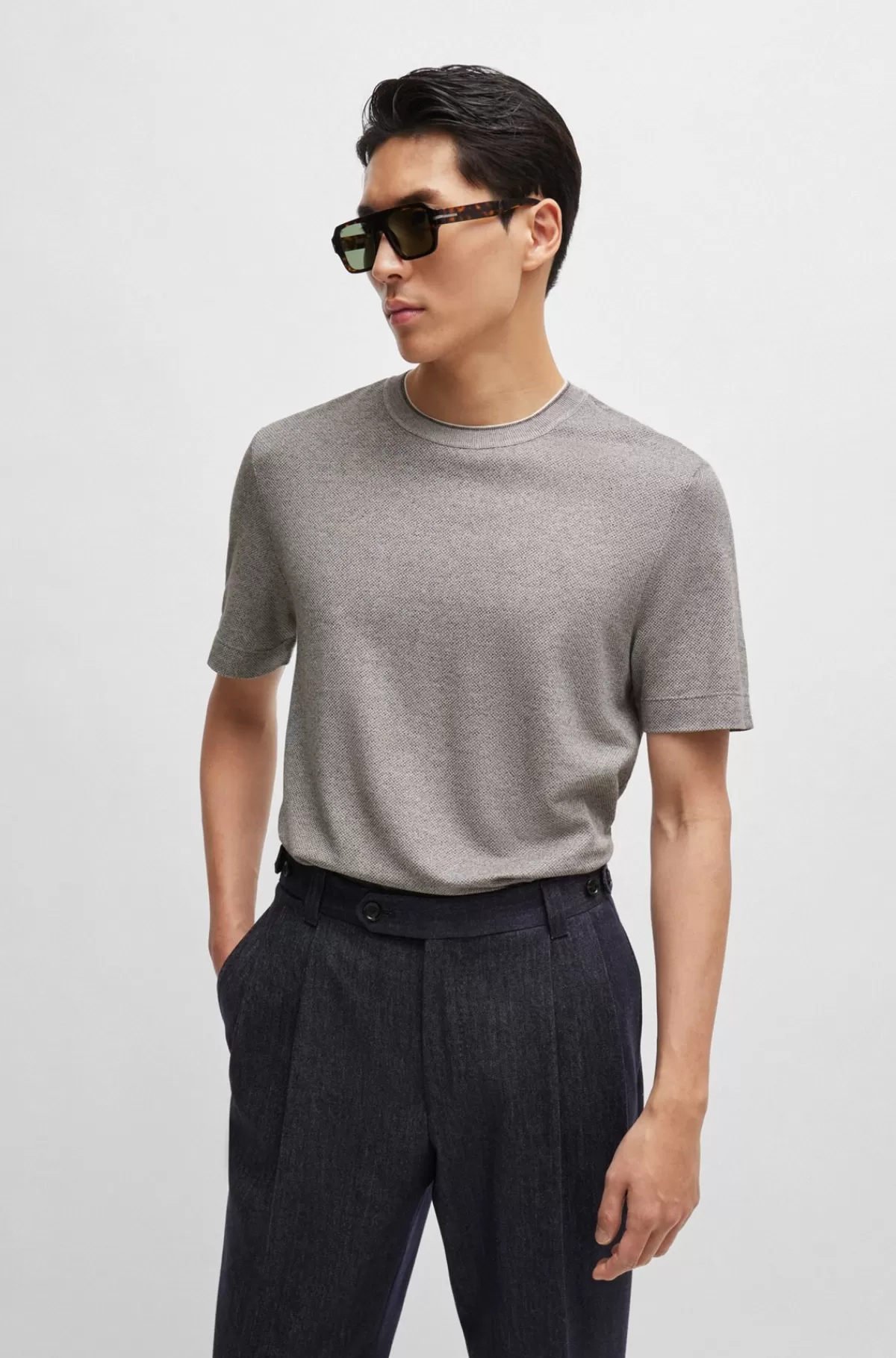 HUGO BOSS Regular Fit T-shirt I Bomuld Og Silke Grå Best