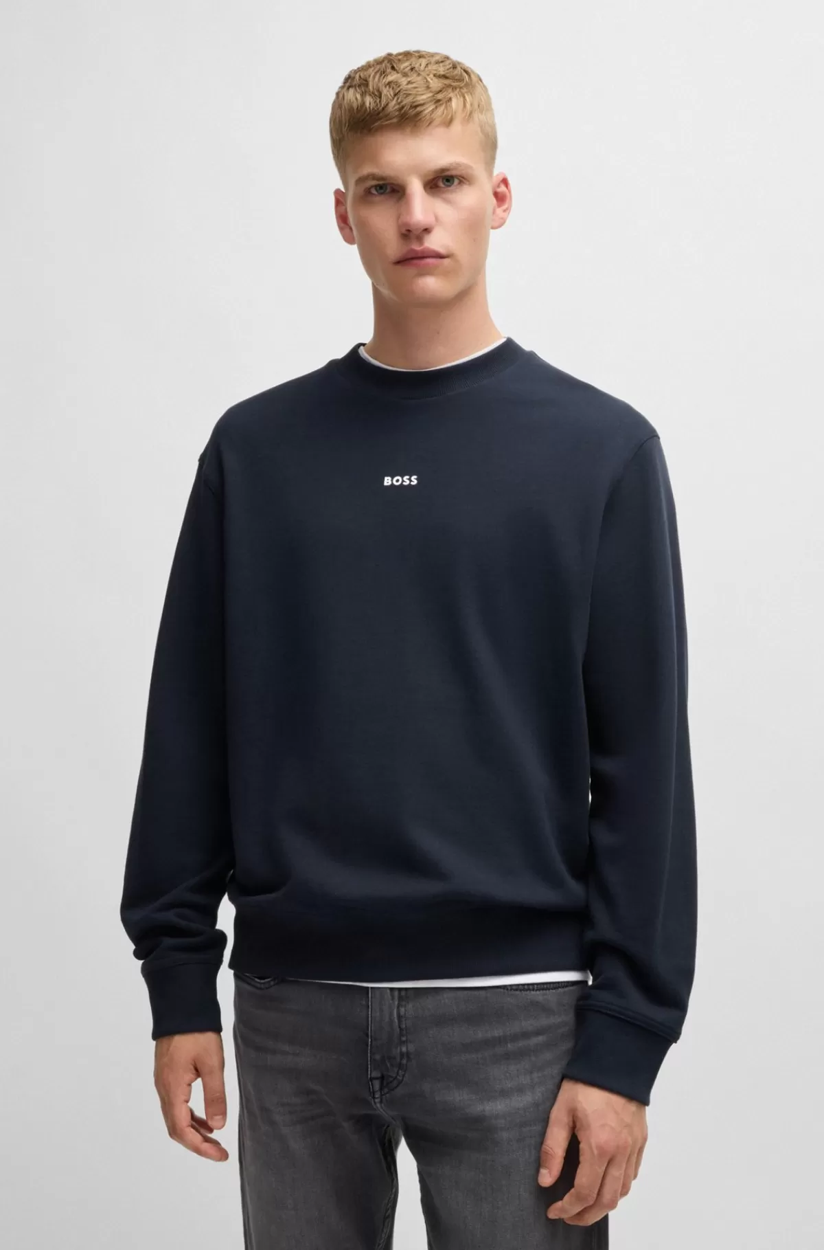 HUGO BOSS Relaxed Fit Sweatshirt I Bomuldsfrotté Med Logo I Kontrastfarve Mørkeblå Outlet