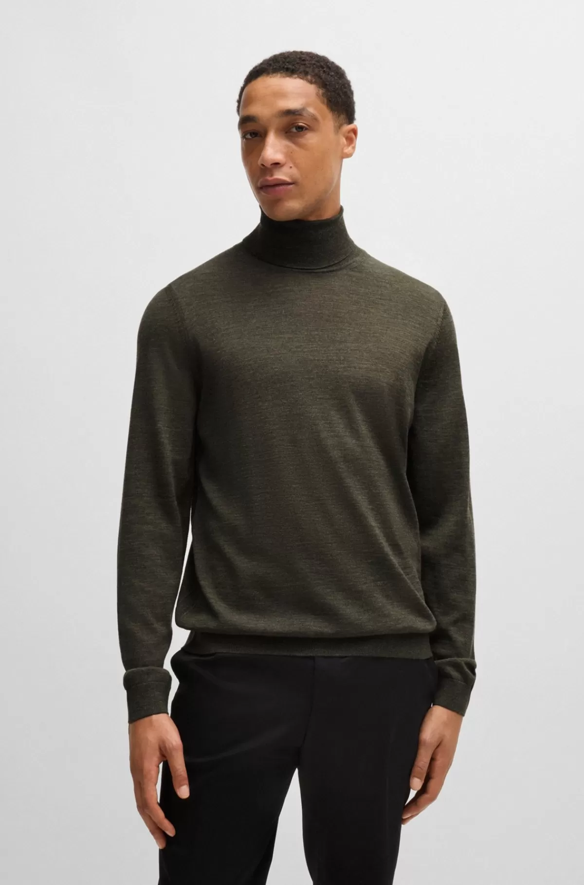 HUGO BOSS Rullekravesweater Med Slim Fit I Ny Uld Mørkegrøn New