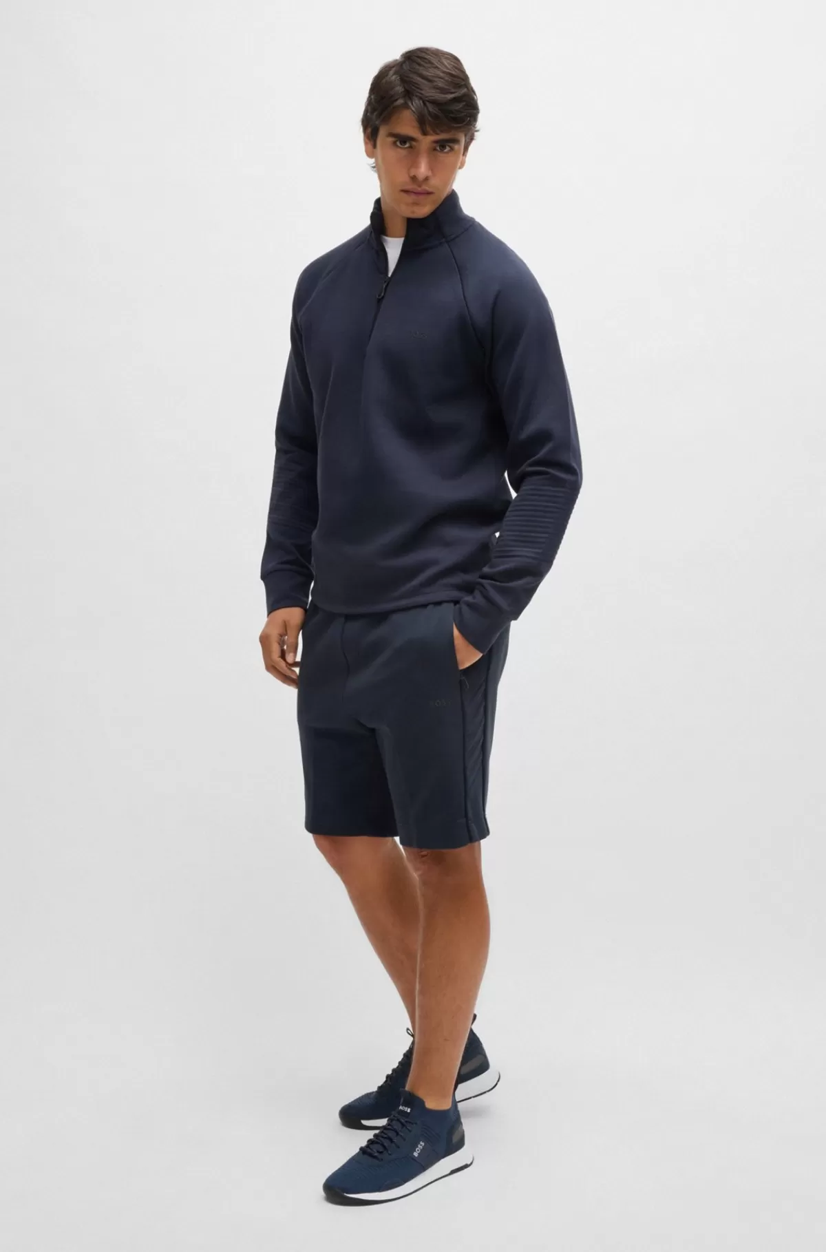 HUGO BOSS Shorts I Bomuld Med Stræk Og En Præget Grafik Mørkeblå Outlet