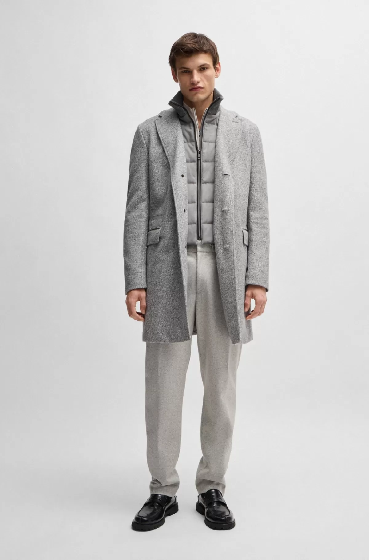 HUGO BOSS Sildebensvævet Helforet Slim Fit Frakke Med Aftagelig Inderside Med Lynlåslukning Grå Clearance
