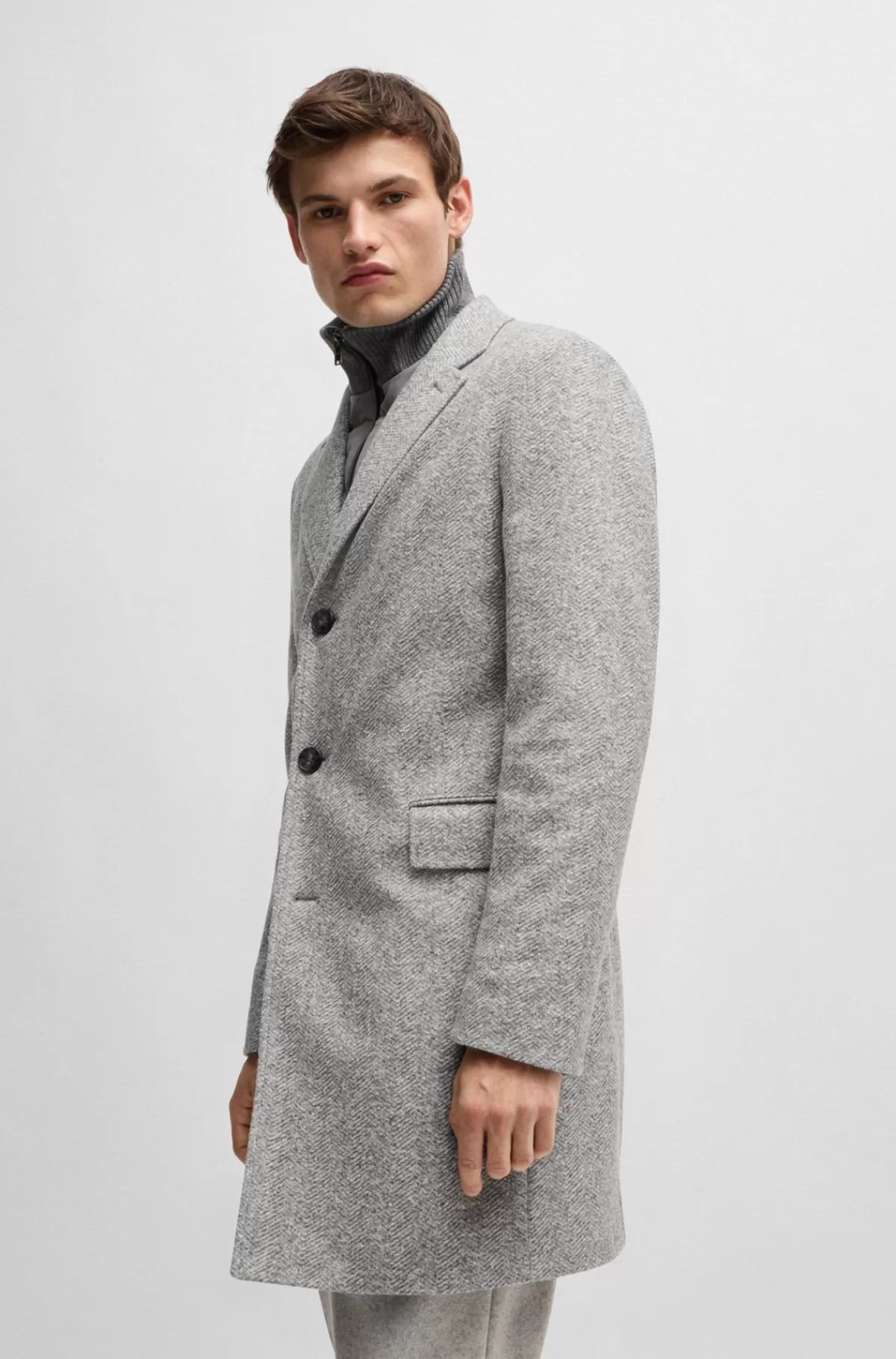 HUGO BOSS Sildebensvævet Helforet Slim Fit Frakke Med Aftagelig Inderside Med Lynlåslukning Grå Clearance