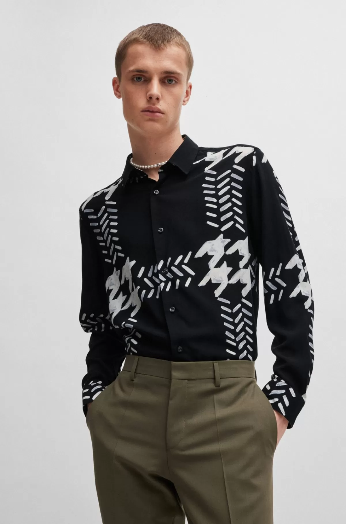 HUGO BOSS Skjorte I Kanvas Med Print, Relaxed Fit Og Kent-krave Mønstret Clearance