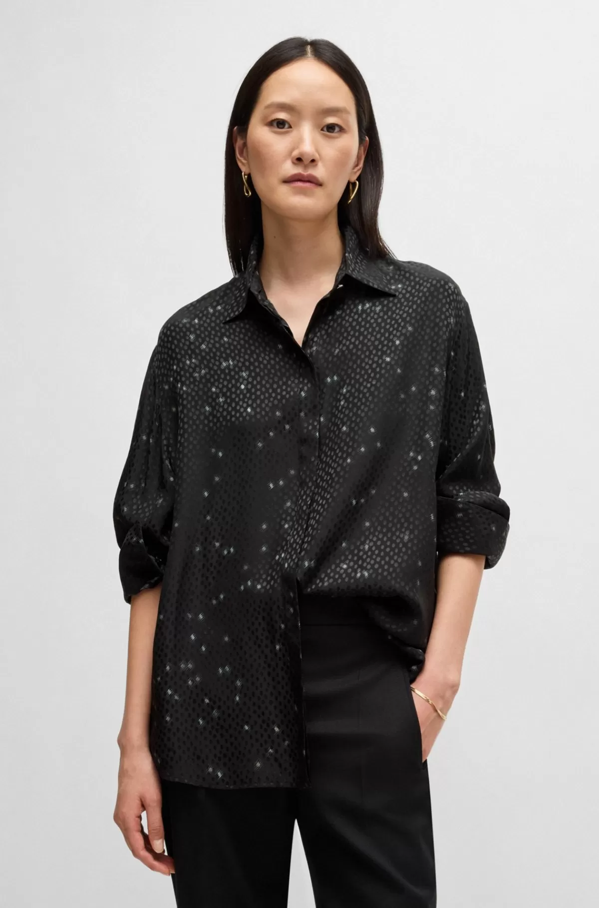 HUGO BOSS Skjorte Med Loose Fit I Prikket Jacquard Med Print Sort mønstret Outlet